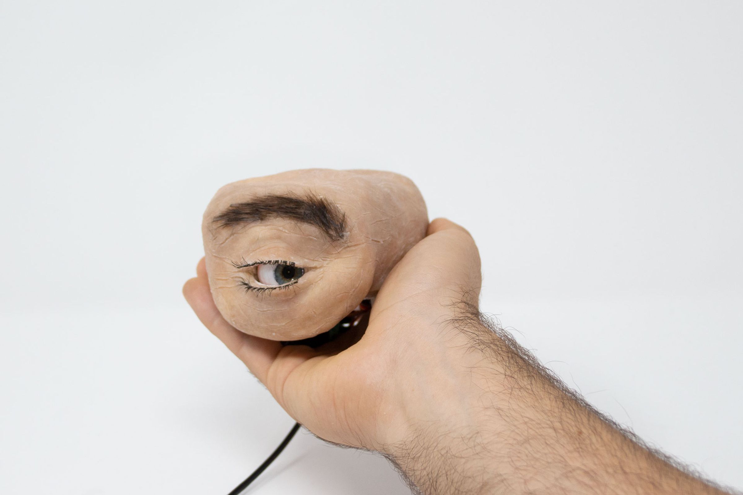 A person’s hand tenderly holding a chunk of synthetic flesh with an eyeball in it glancing to the right. There’s a cord coming from the back of it. 