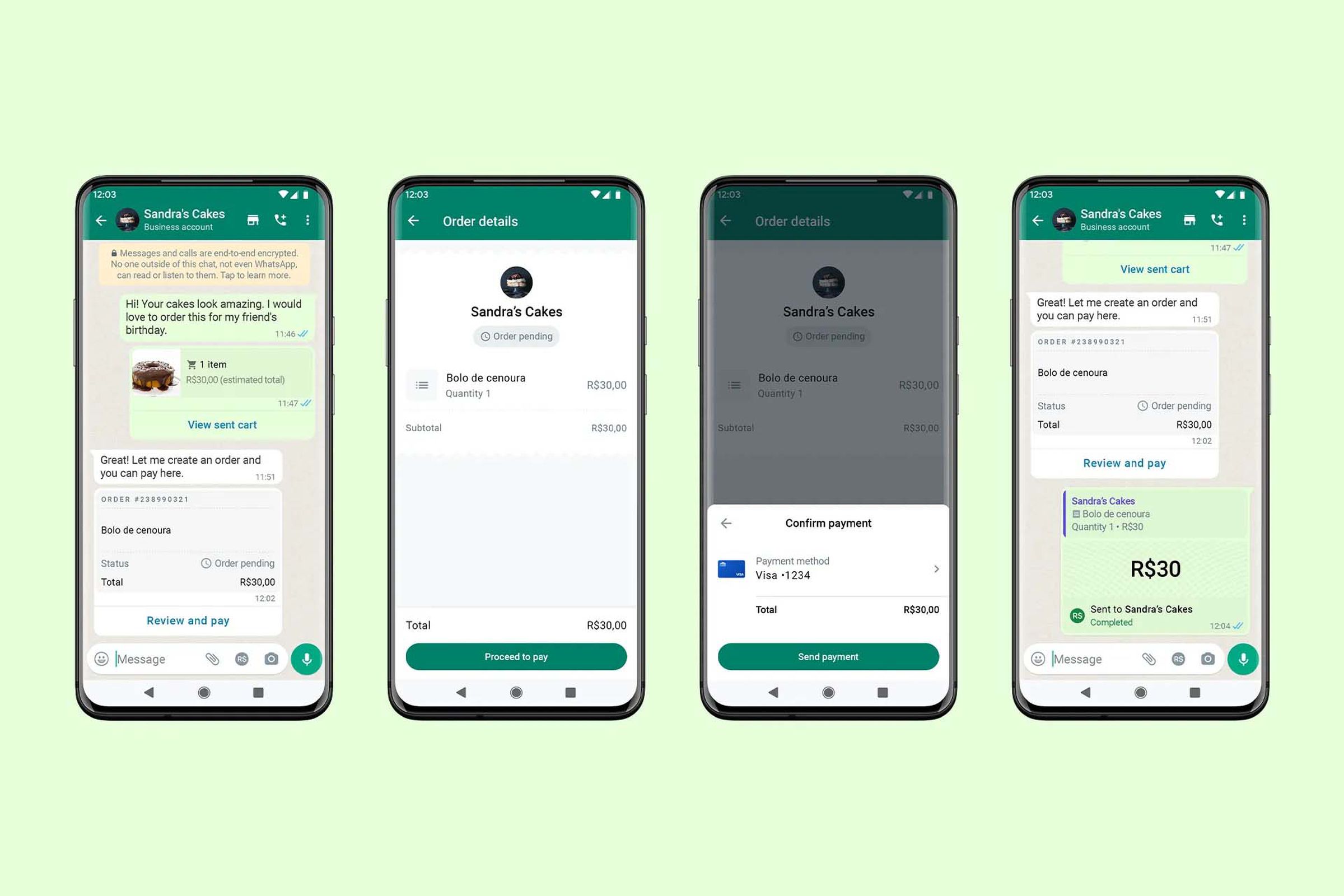 Capturas de tela mostrando a interface de pagamento do WhatsApp.