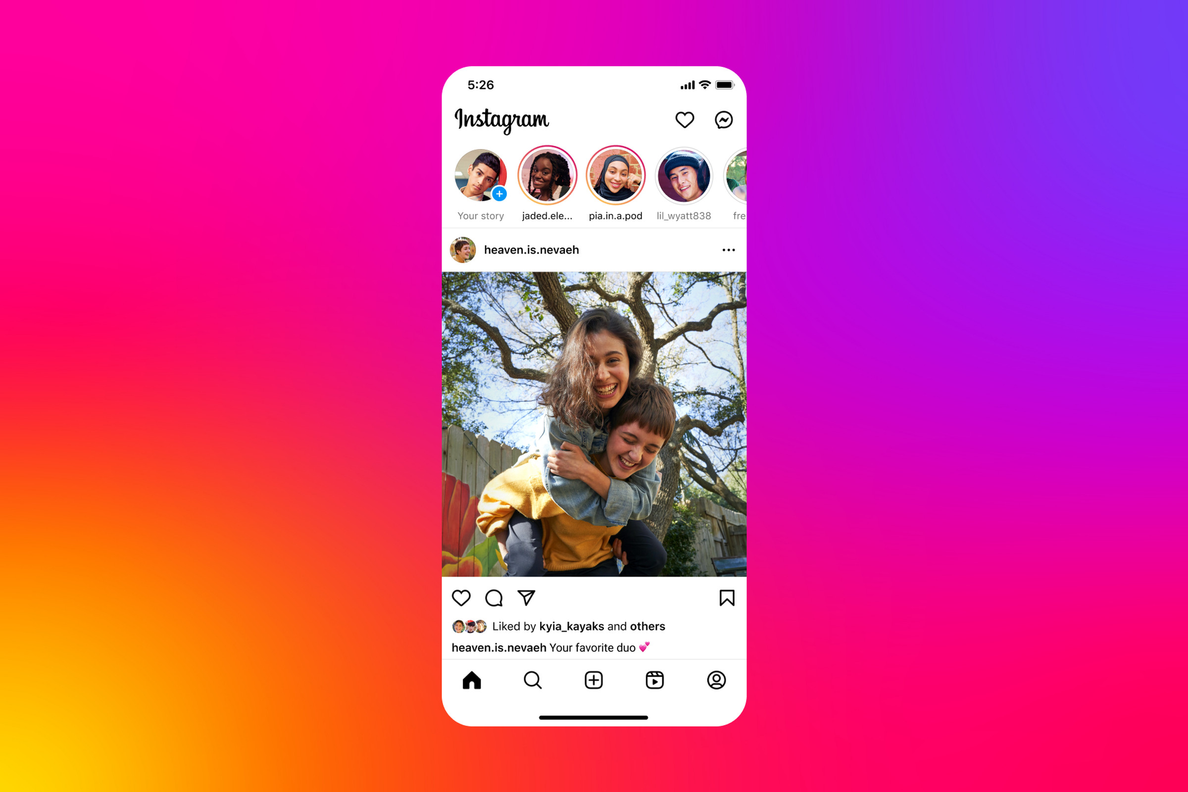 An Instagram home feed with search, new post, Reels, and profile shortcuts.
