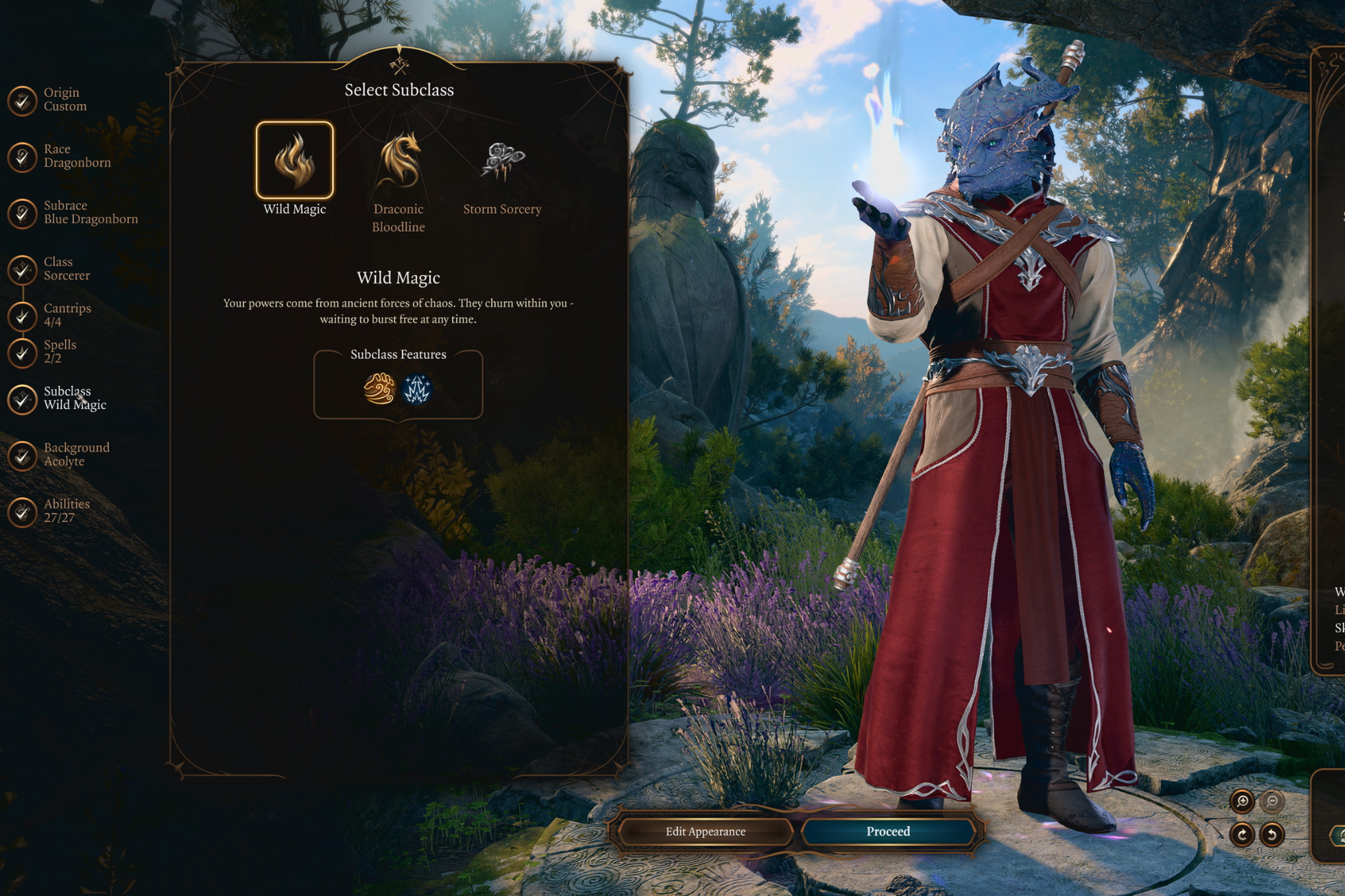 Screenshot from Baldur’s Gate 3 featuring a blue dragonborn sorceror in the game’s class customization screen