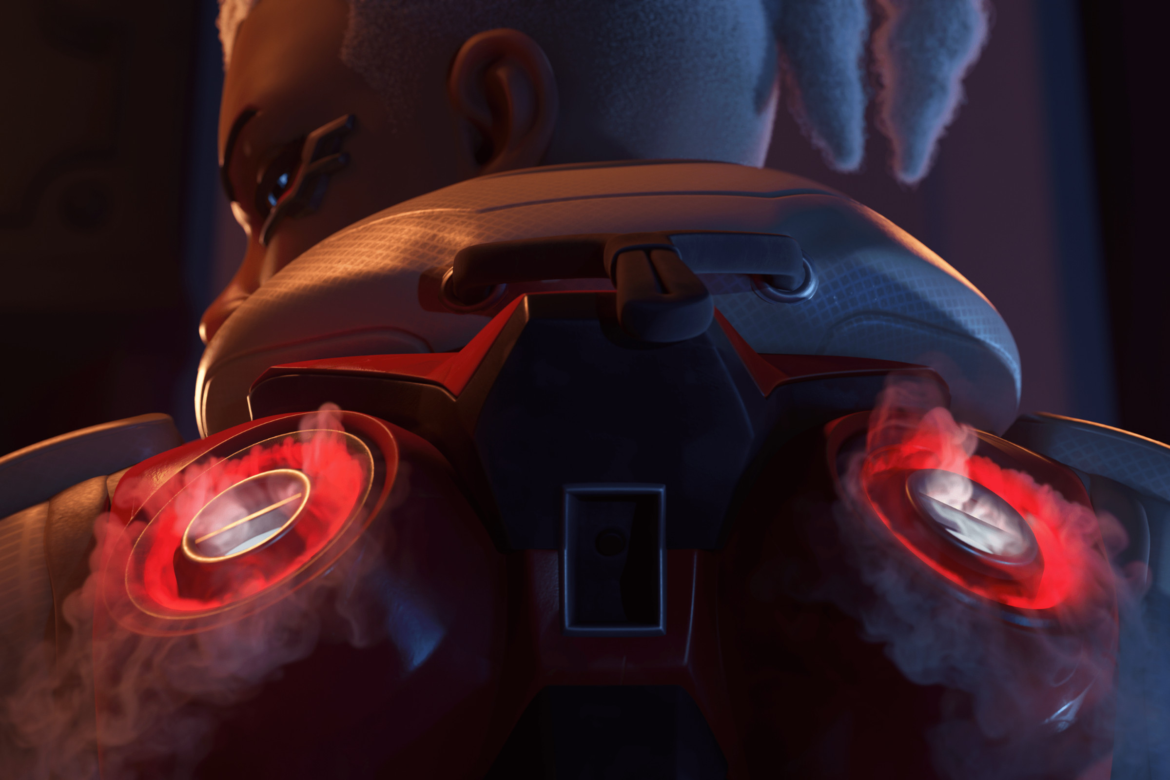 Screenshot from Overwatch 2 featuring the hero Sojourn, a female African Canadian hero with a fully cybernetic body