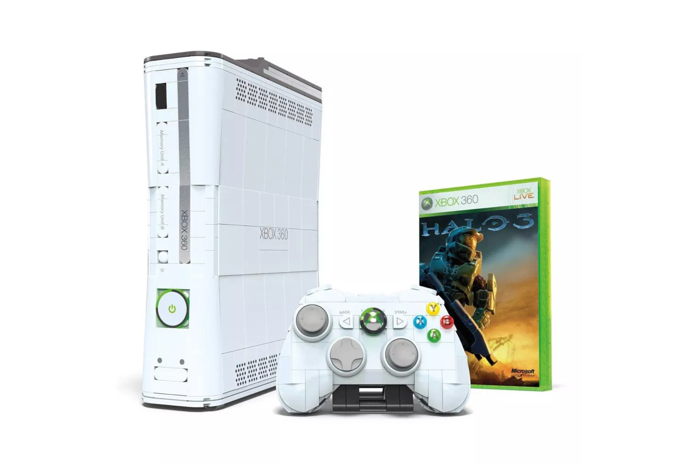 Screenshot from Mega’s Xbox 360 replica console featuring the brick-constructed console, a controller, and a copy of Halo 3