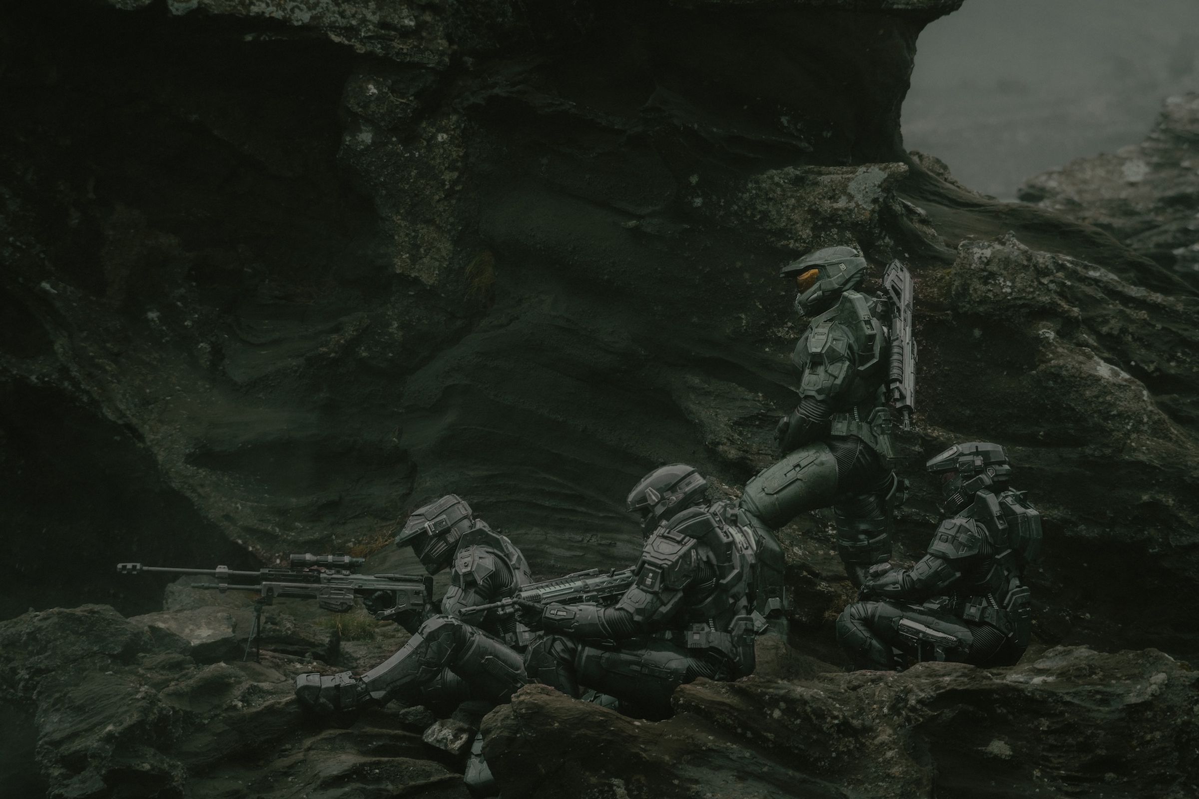 Screenshot from Halo season 2 episode 1 “Sanctuary” featuring a quartet of Spartans in power armor.