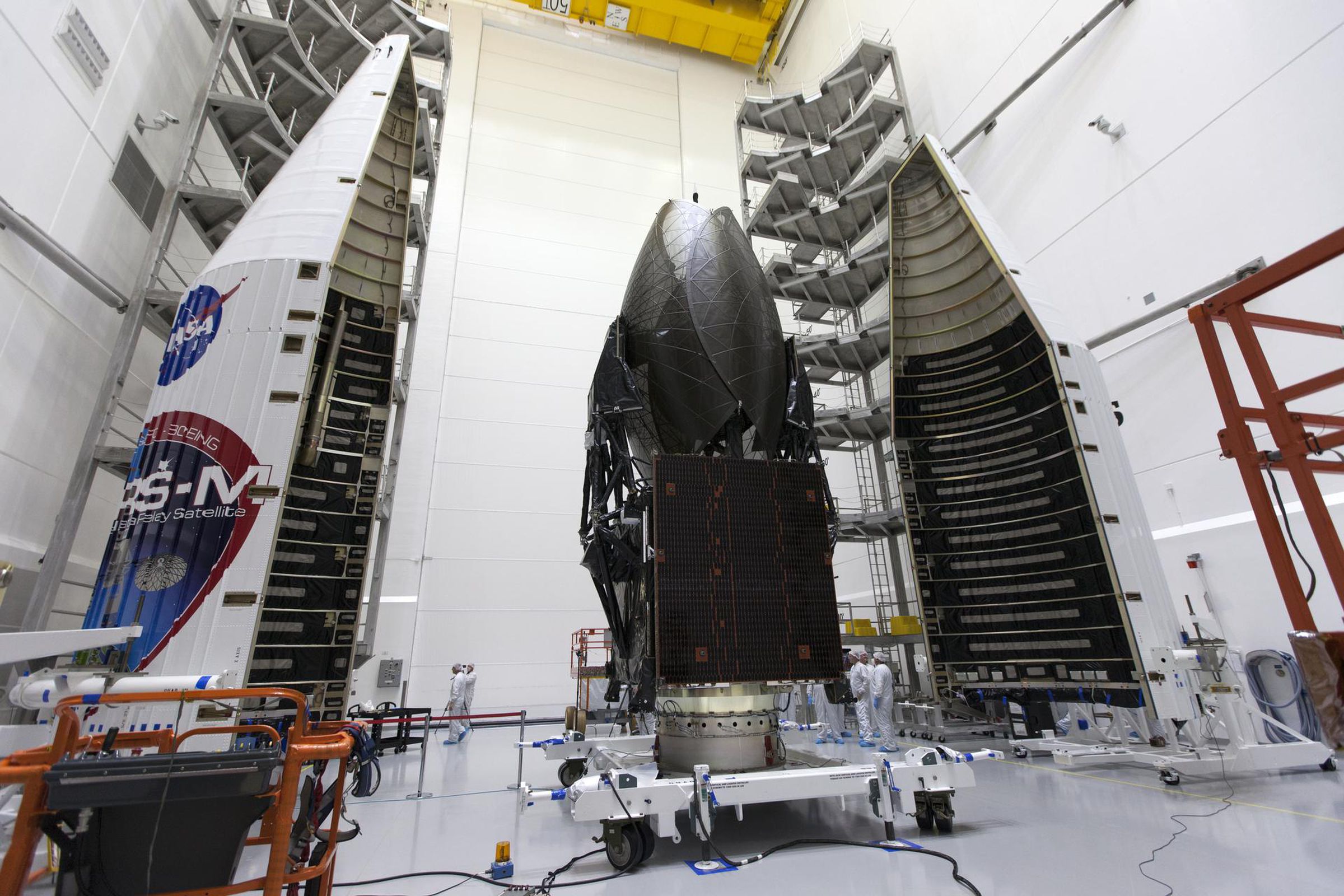 The TDRS-M satellite before getting enclosed in the Atlas V nose cone.