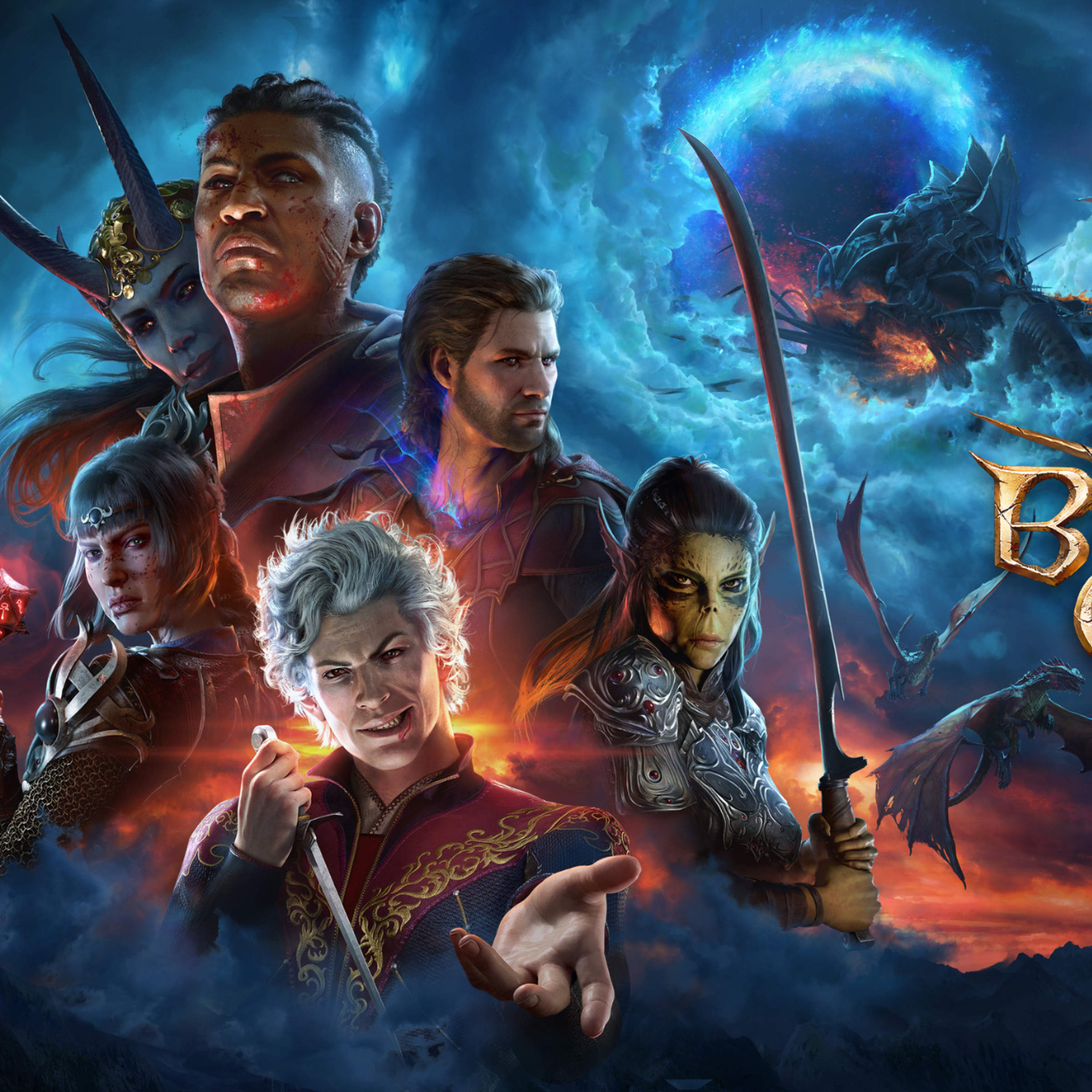 Key art for Baldur’s Gate 3 featuring a composite of five of the game’s companions with a dark blue sky background with the Baldur’s Gate 3 logo to the right.