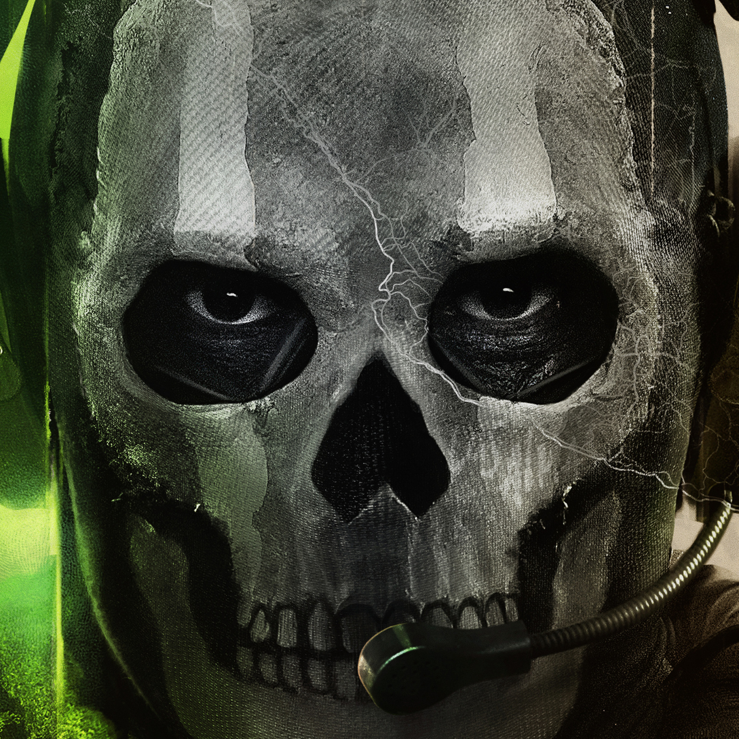 Key art from Modern Warfare II featuring a close up of Simon “Ghost” Riley, a soldier in a tactical skull mask wearing headphones and eyeblack
