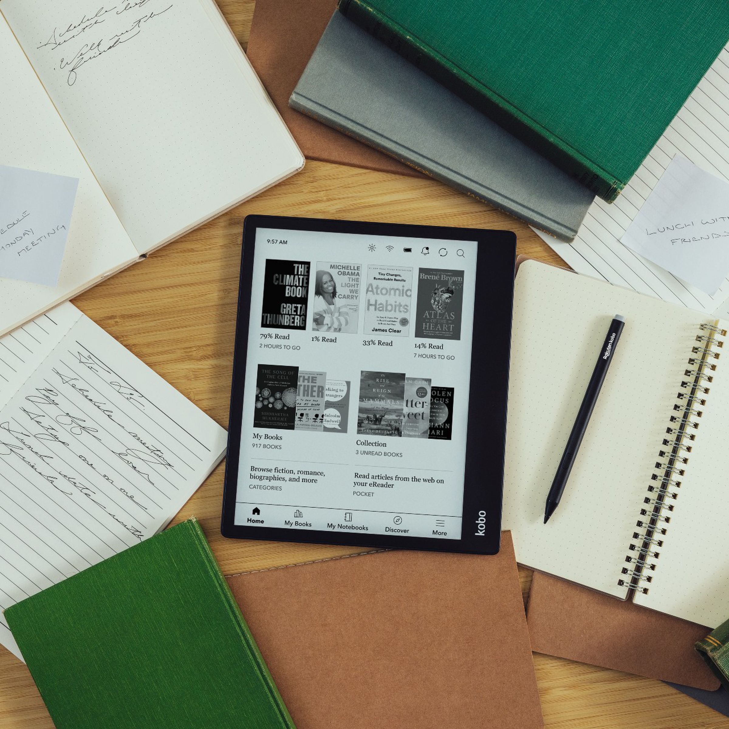 The new Kobo Elipsa 2E on a desk surrounded by papers.