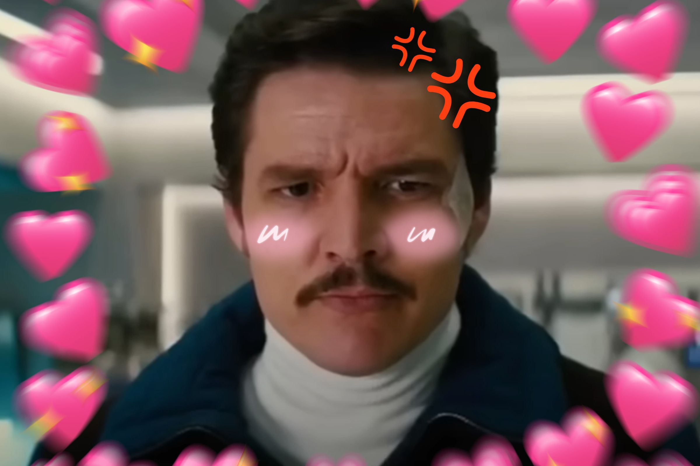 A screenshot of Pedro Pascal taken from Kingsman: The Golden Circle, edited to resemble a fandom reaction image.
