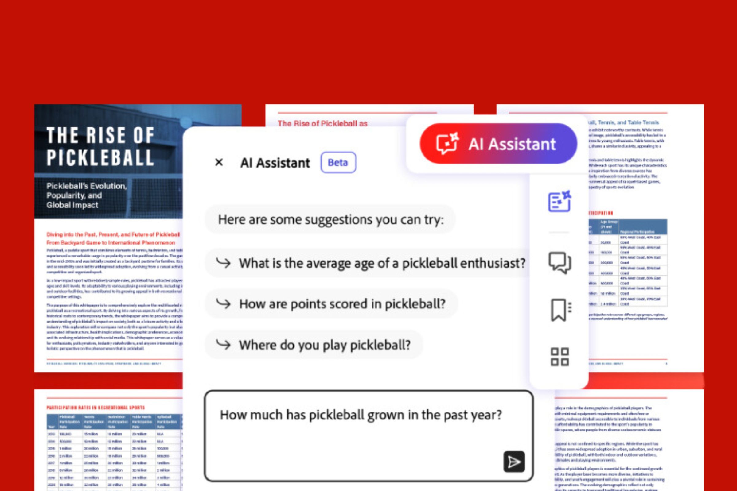 A screenshot taken of Adobe Acrobat’s AI Assistant suggesting questions about pickleball.
