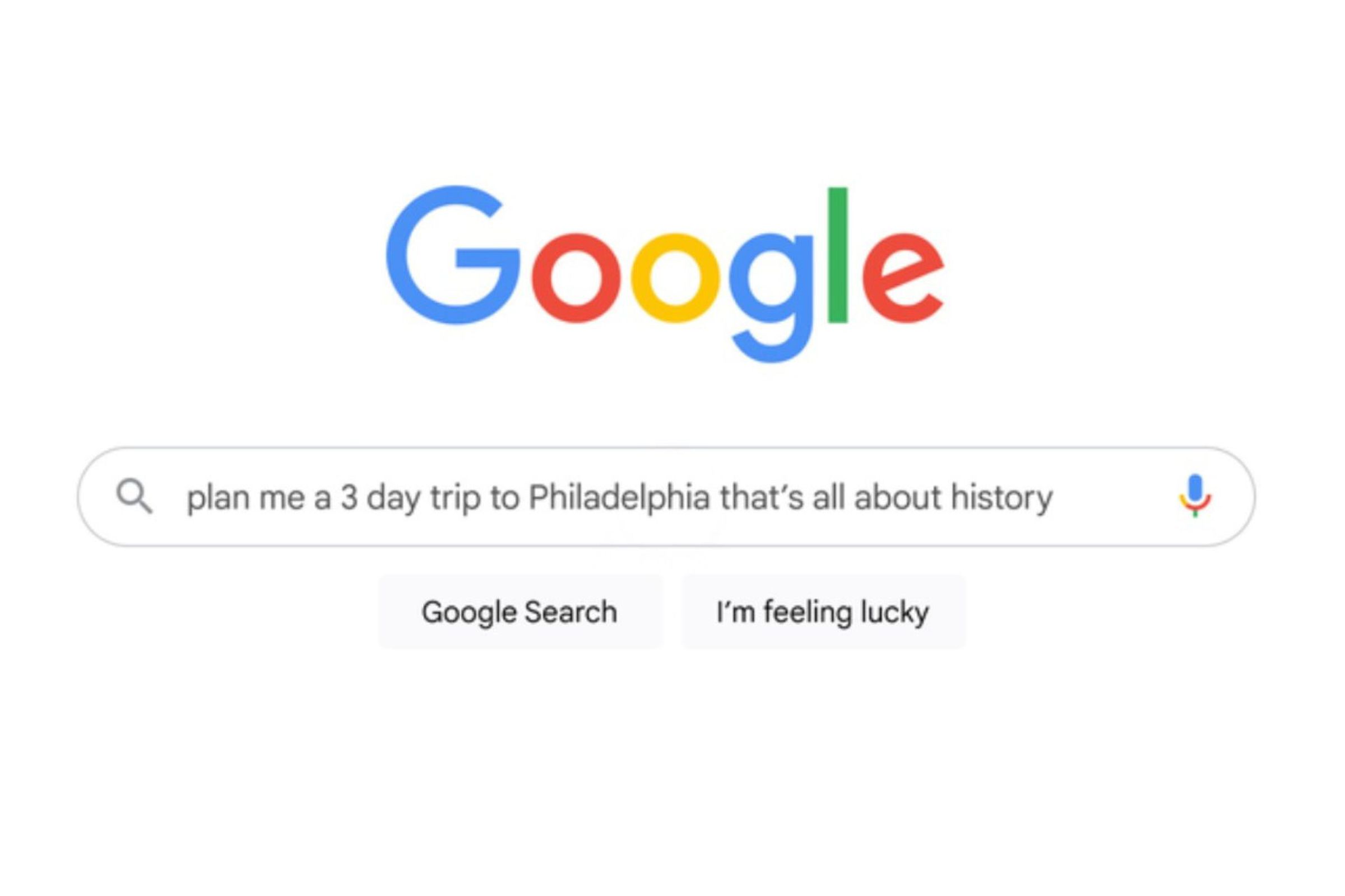 A screenshot of Google Search with the request “plan me a 3 day trip to Philadelphia that’s all about history”