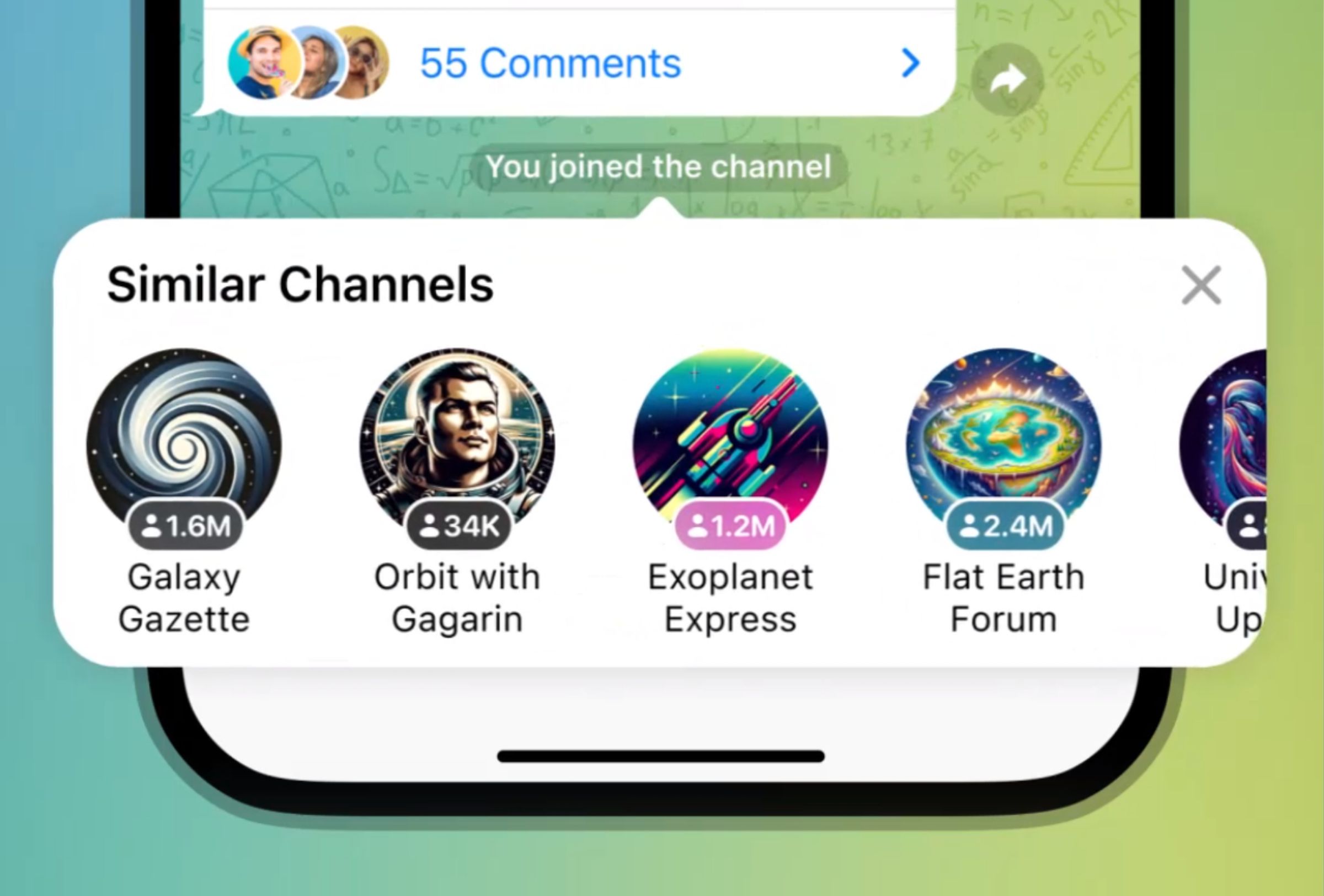 A screengrab of the new Similar Channels feature on Telegram.