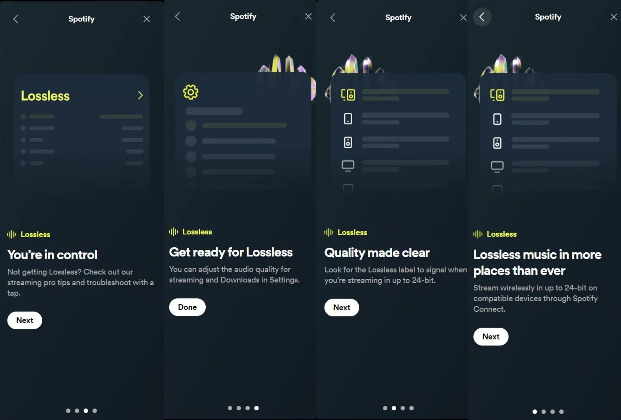 Some screenshots of Spotify version 1.2.36 showing references to Lossless audio streaming.