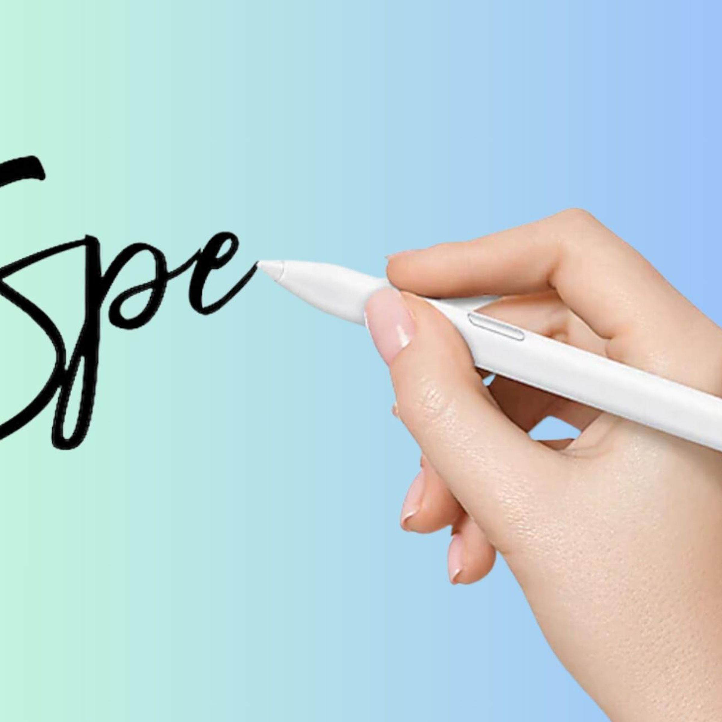 A hand writing “Spe” using the Samsung S Pen Creator Edition
