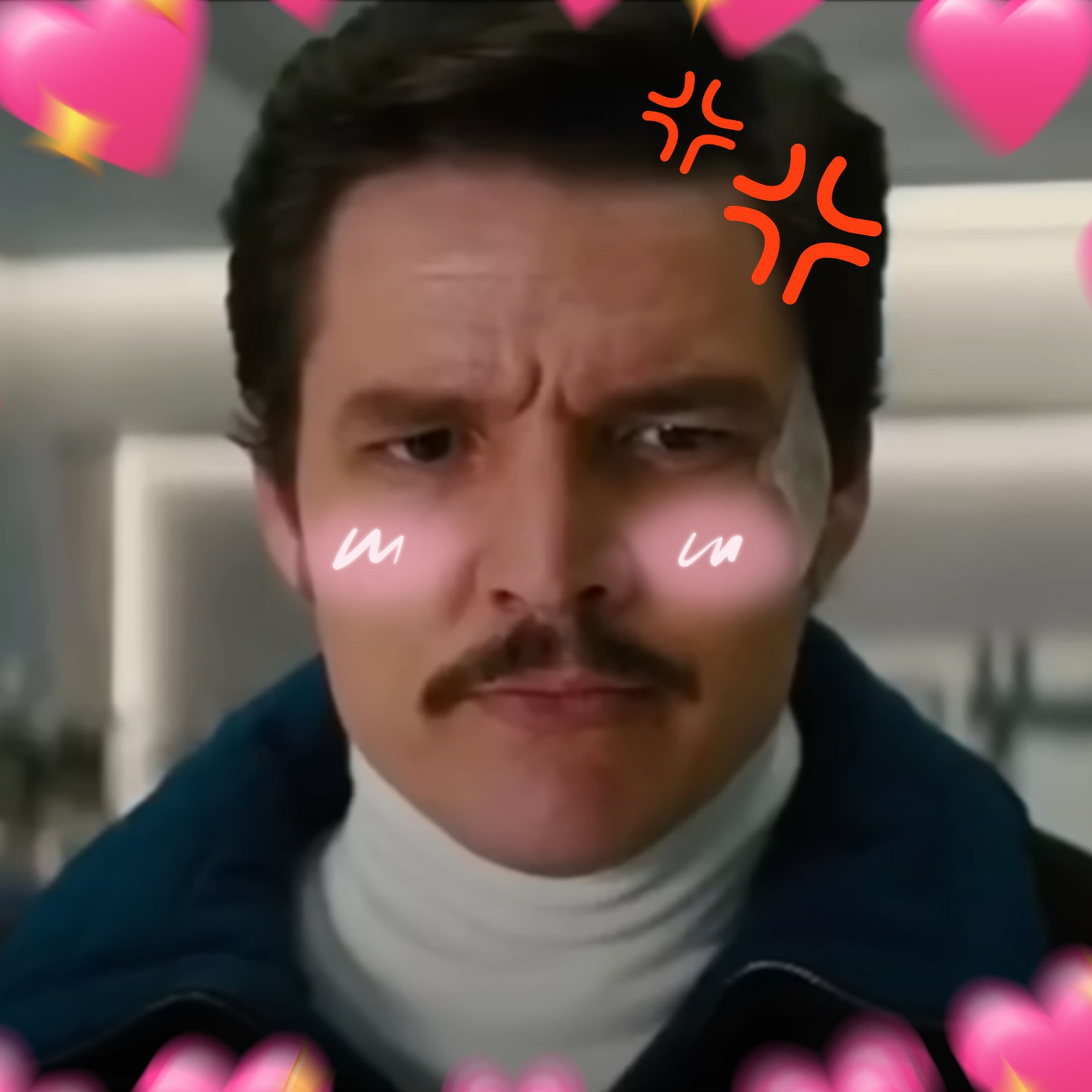 A screenshot of Pedro Pascal taken from Kingsman: The Golden Circle, edited to resemble a fandom reaction image.