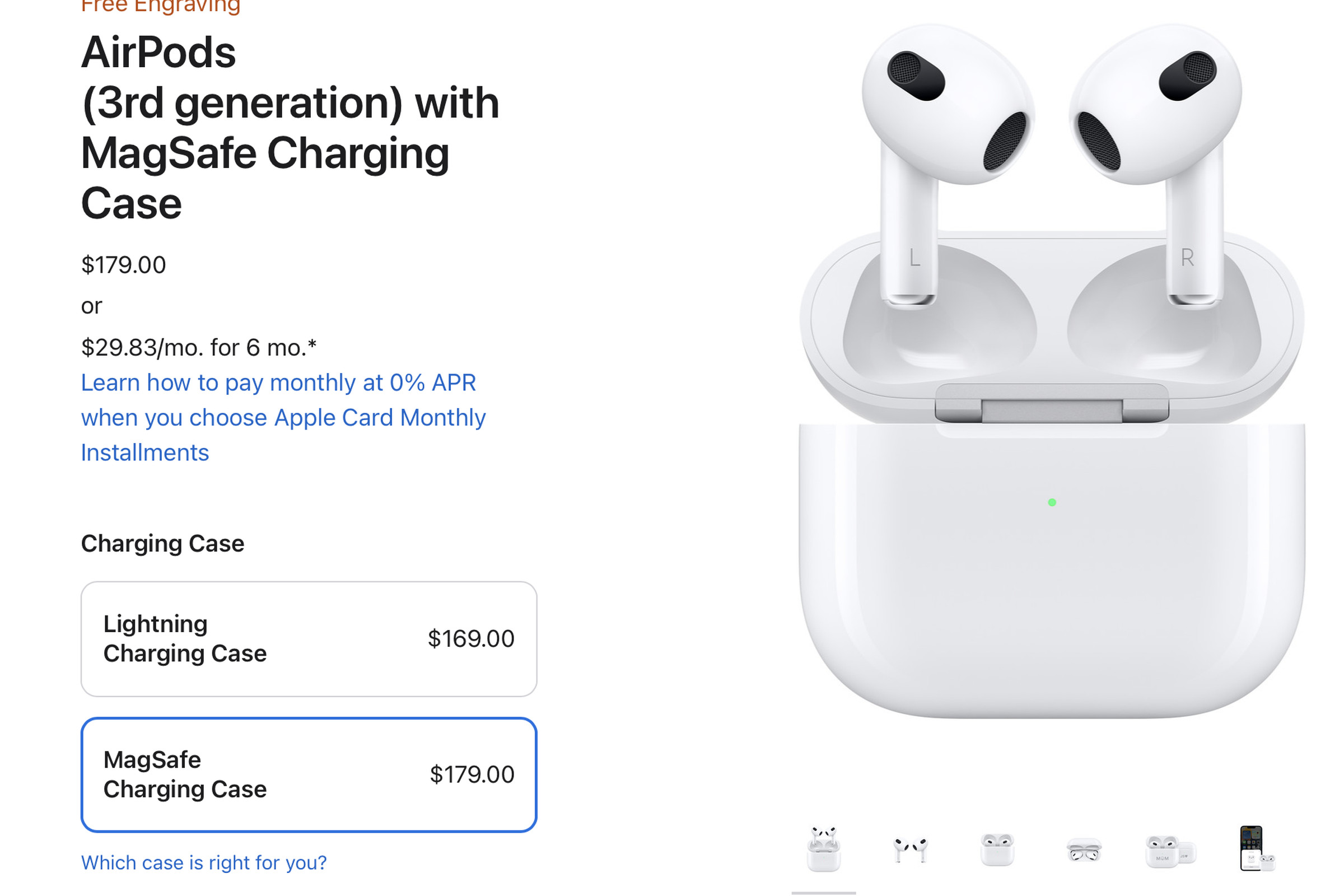 Image showing the product page for Apple’s third-gen AirPods, with options for a Lightning or MagSafe charging case.