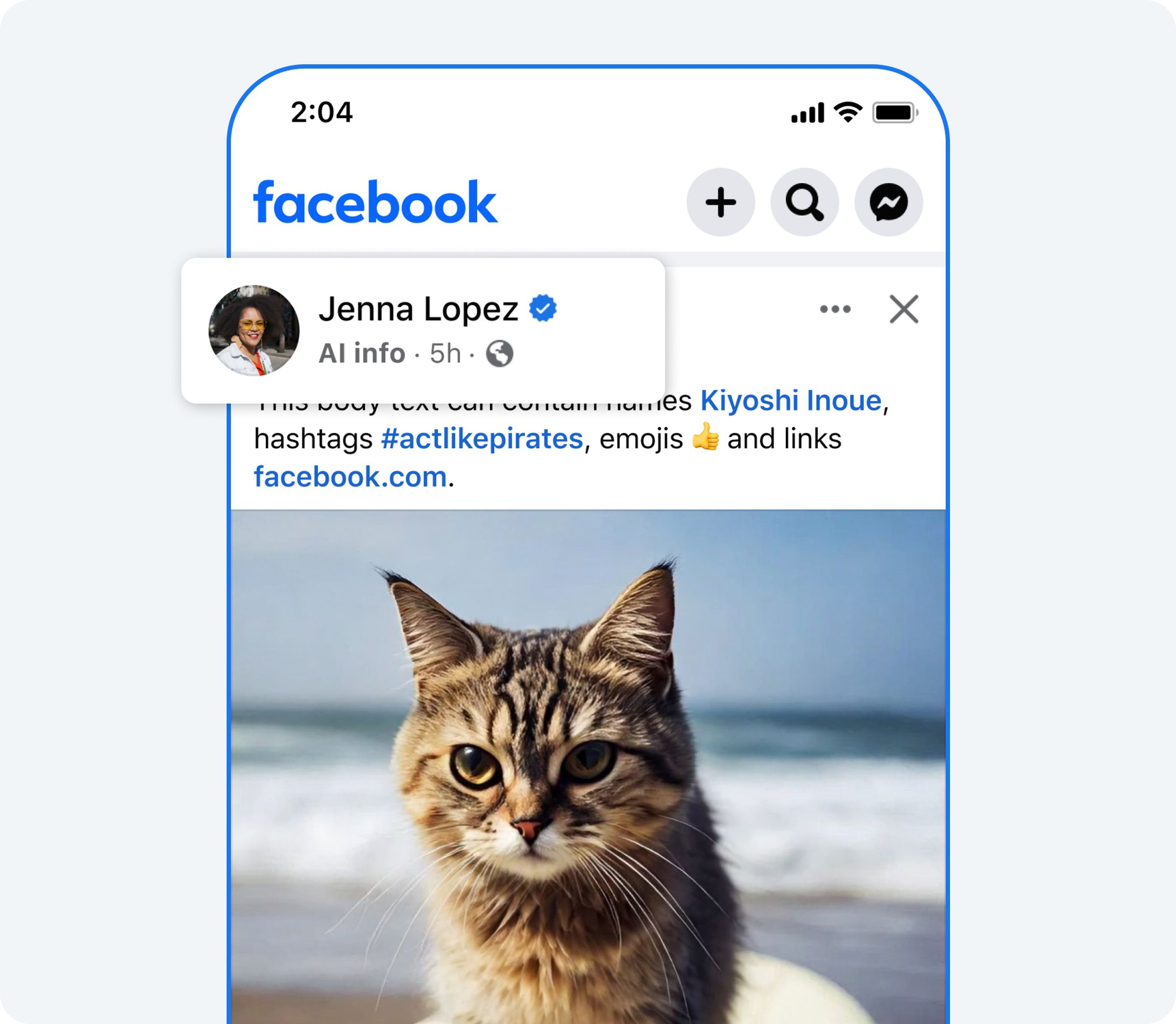 Screenshot of Facebook’s mobile app with a picture of a cat that has the “AI Info” tag applied to it.