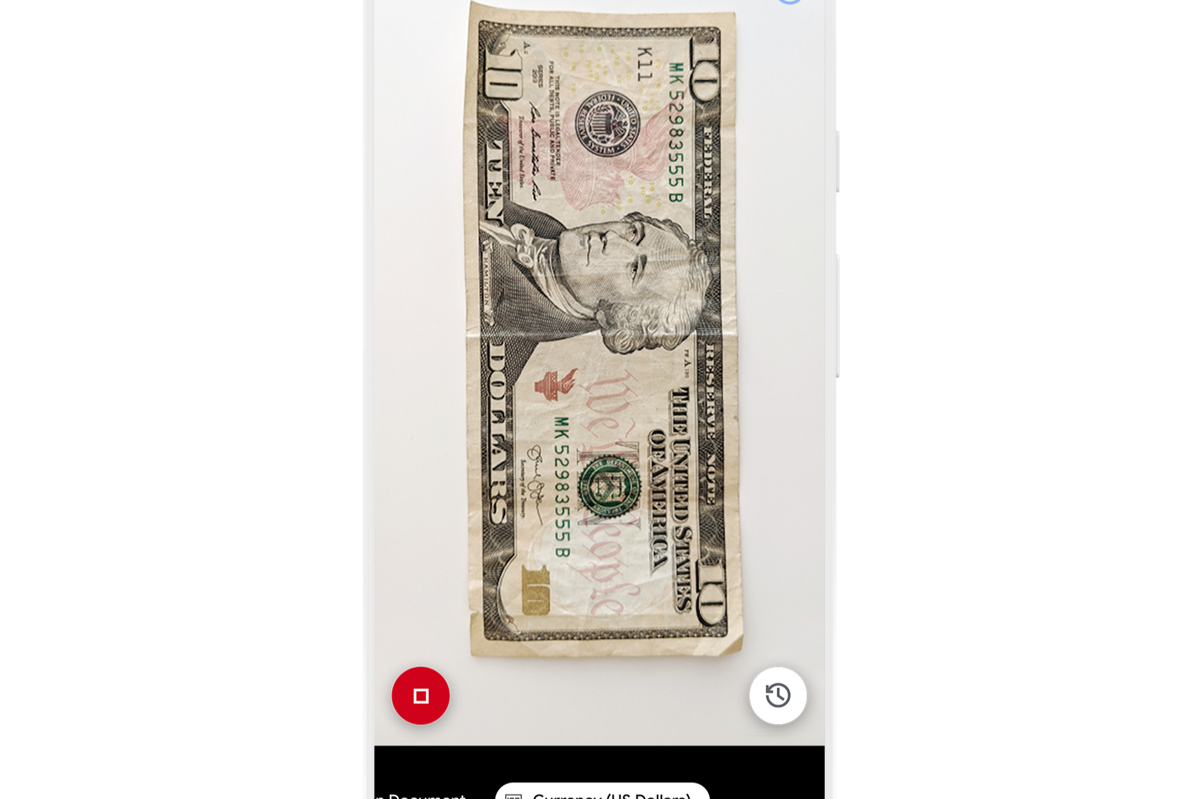 Lookout app shown on a smartphone in currency mode, displaying the front of an American ten dollar bill