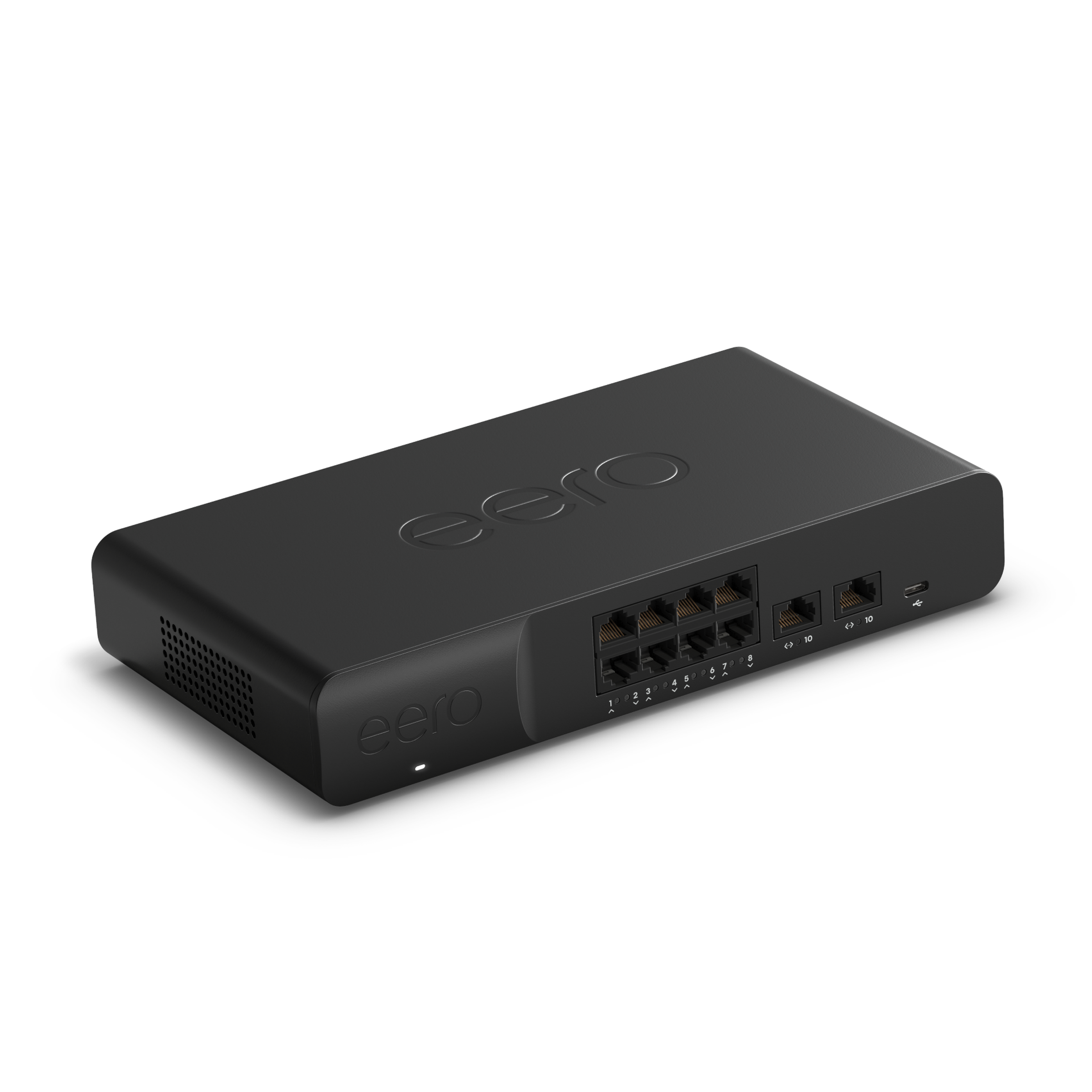 Image of the Eero PoE gateway, a black, rounded rectangular device with ten Ethernet ports and a USB-C port on the front.