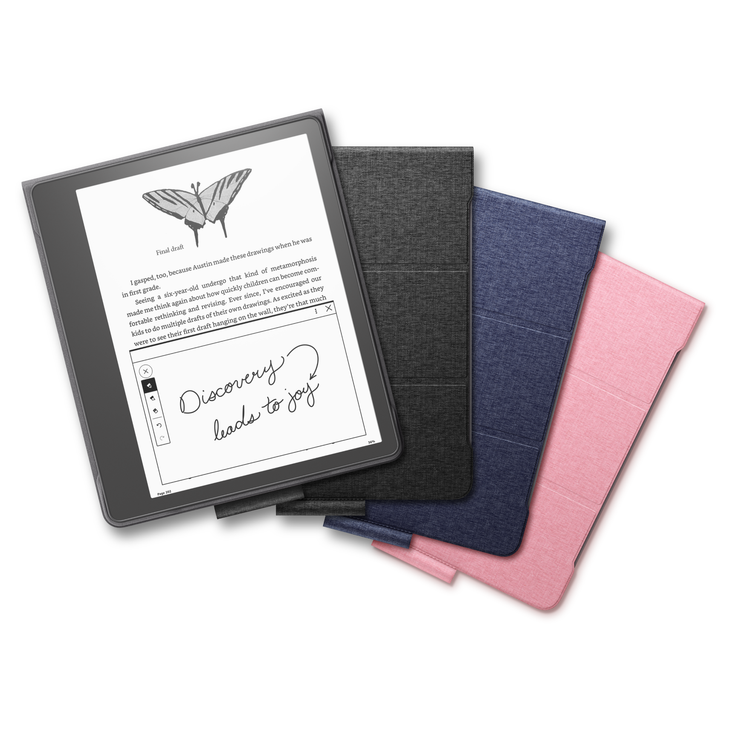 A Kindle Scribe with several colors of cases behind it,