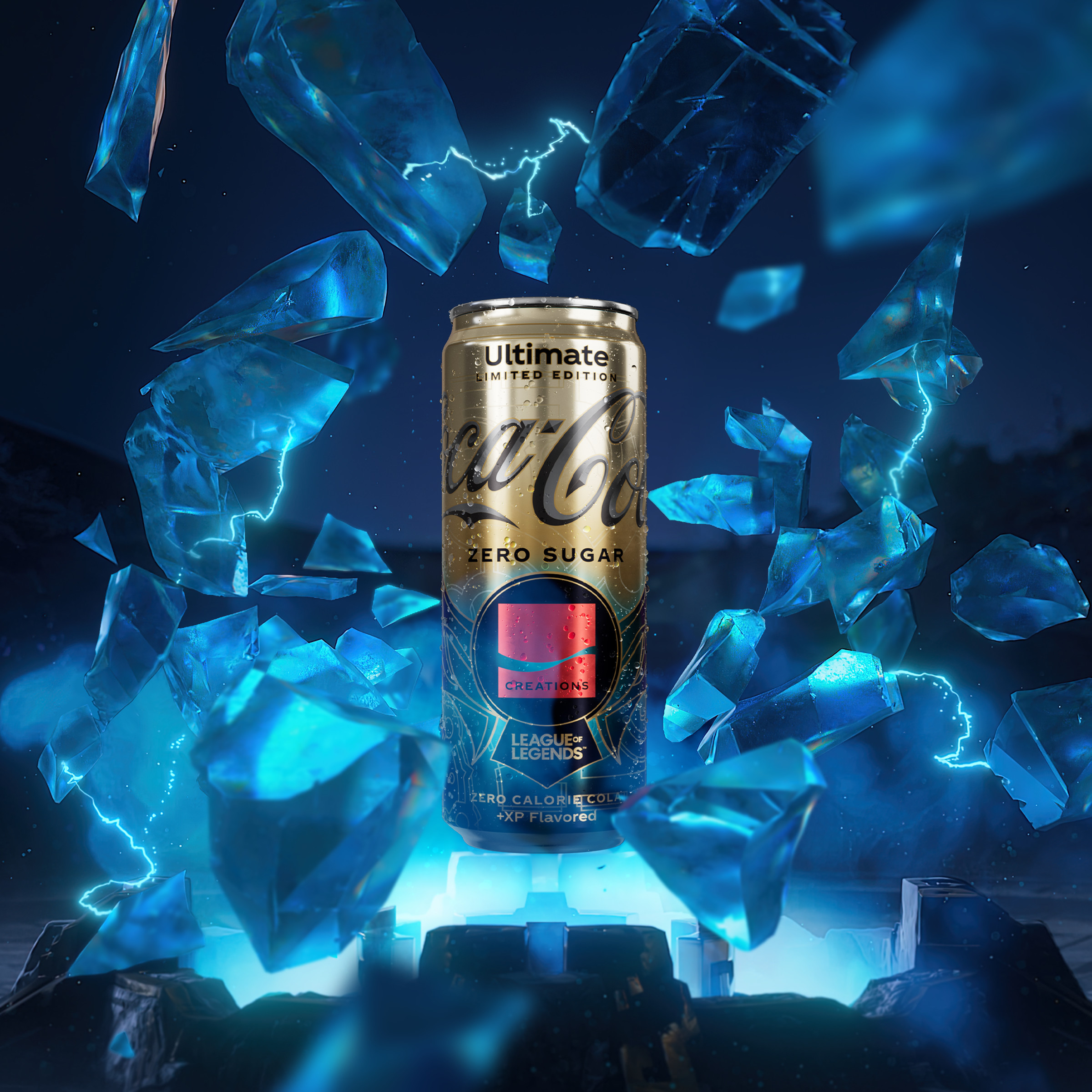 Key art of a half gold half ice-blue can of Coca-Cola that has text saying Ultimate Coca-Cola Zero Sugar Creations from a collaboration between Coca-Cola and Riot Games