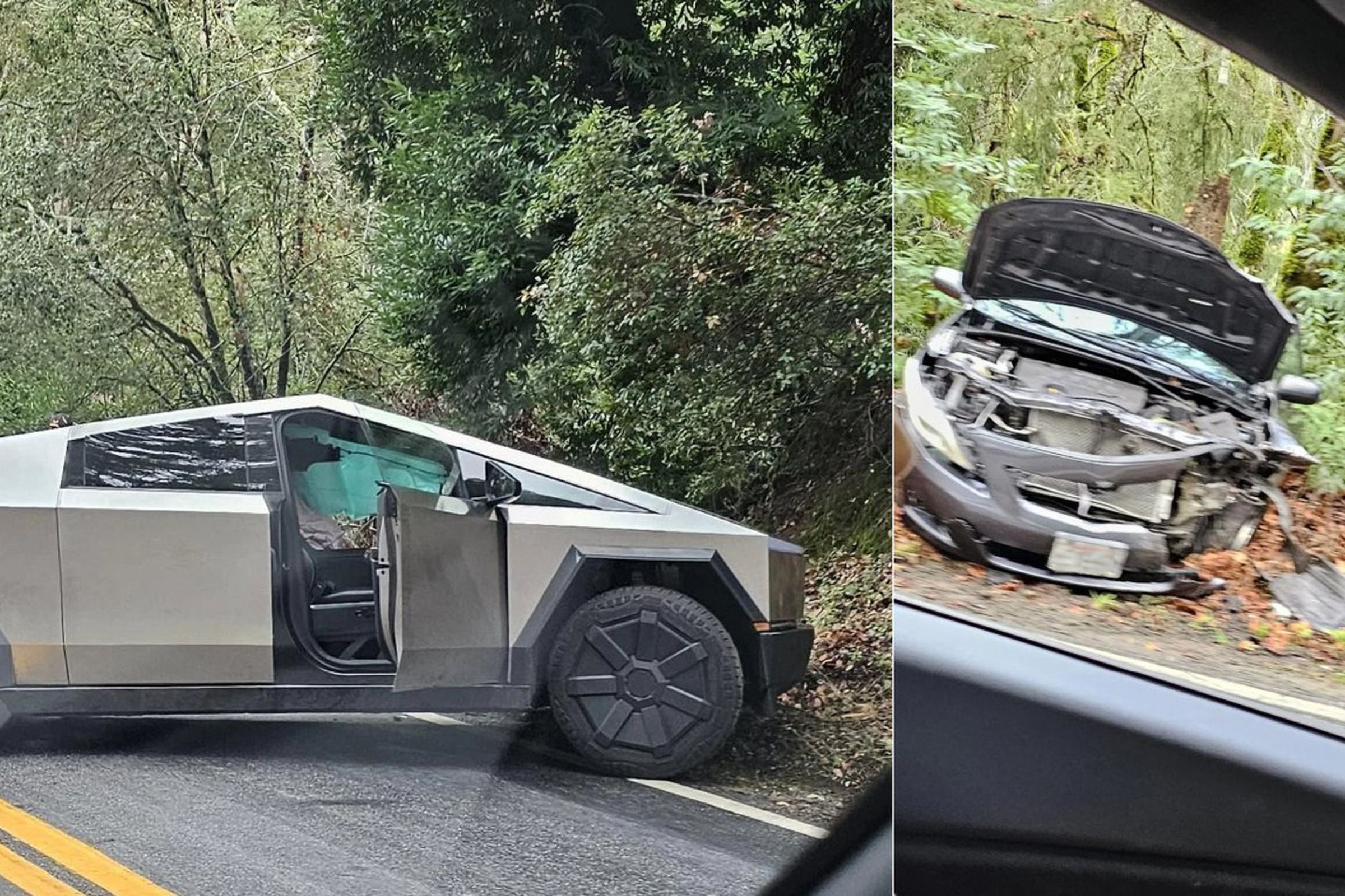 Front-on image of a Toyota Corolla that was in an accident showing significant front end damage and raised hood, as well as a picture from the side of a Tesla Cybertruck with the doors open and airbags deployed.