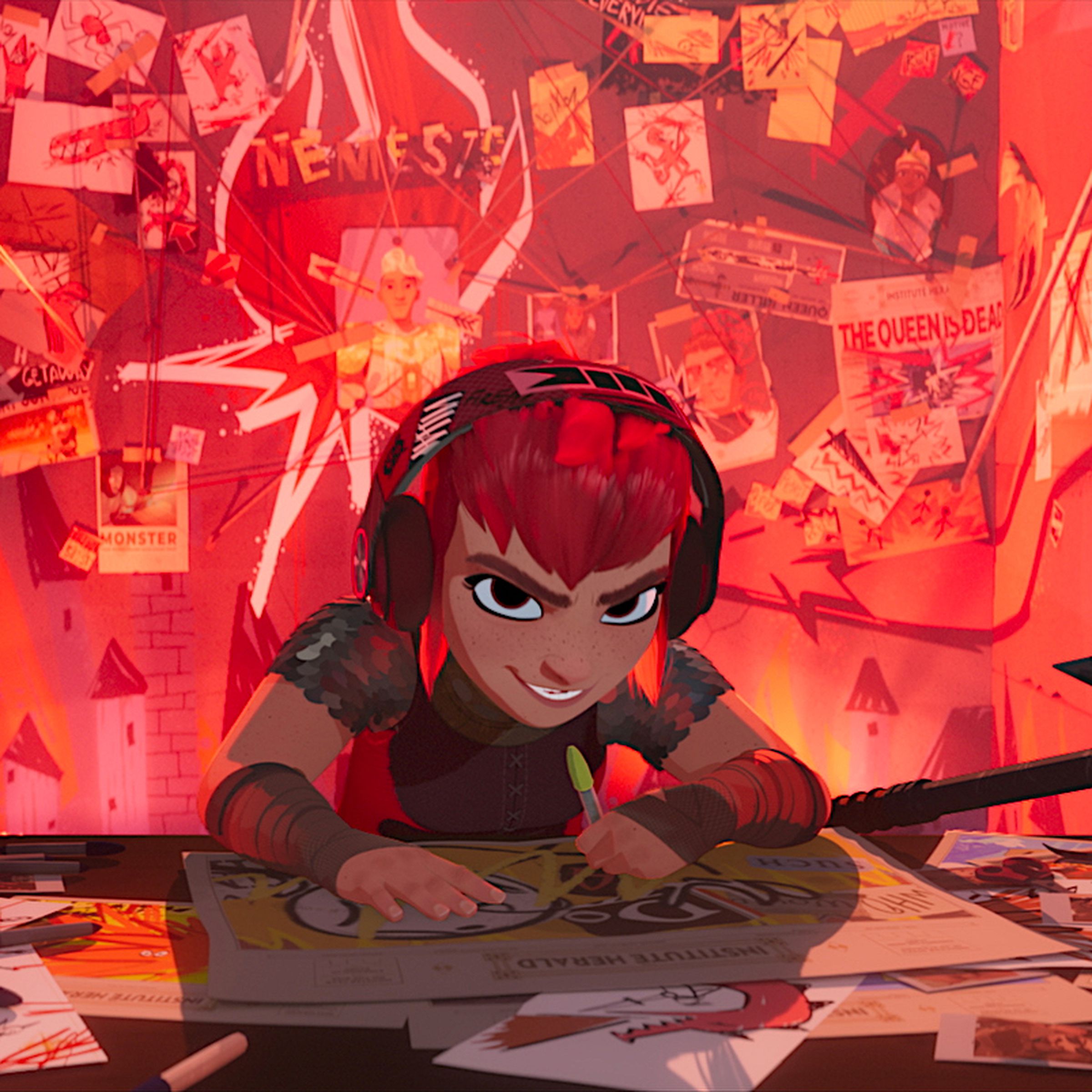 A redheaded child sitting at a cluttered table covered in papers and vicious weapons including a mace and multiple knives. In the background is a wall bathed in red light and plastered with pictures depicting a complicated plan.