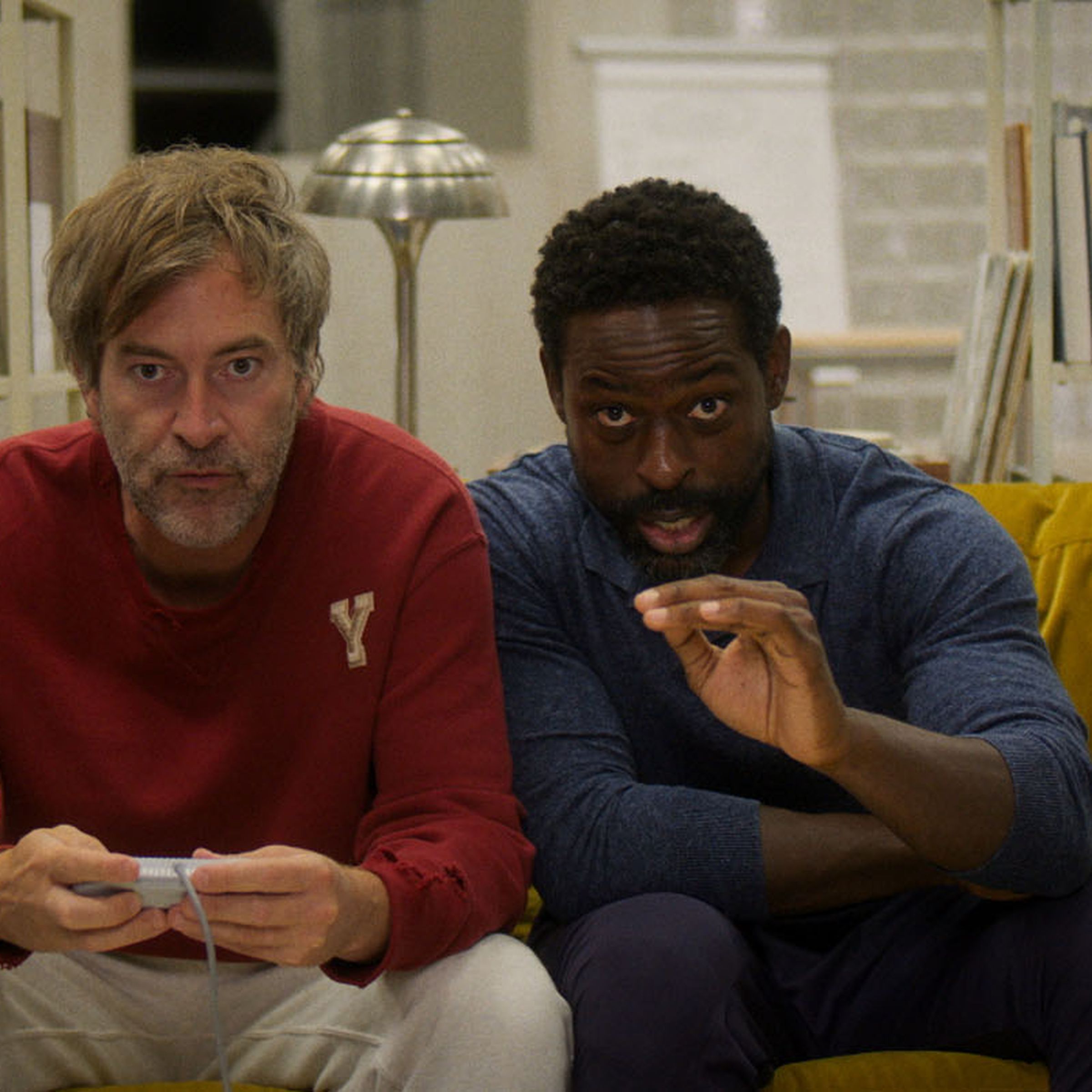 A still photo of Mark Duplass and Sterling K. Brown in Biosphere.