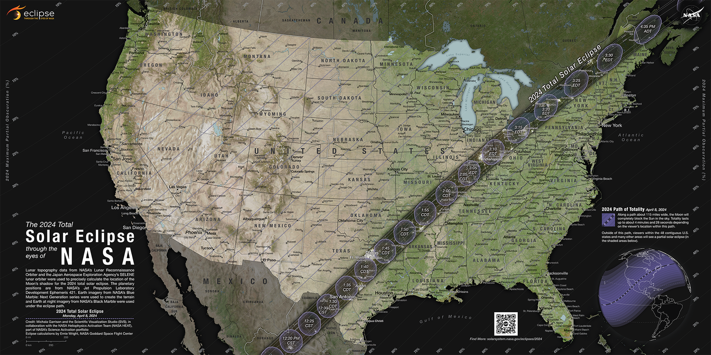 A map shows the solar eclipseâ€™s path of totality, which cuts across 15 states from Texas to Maine.