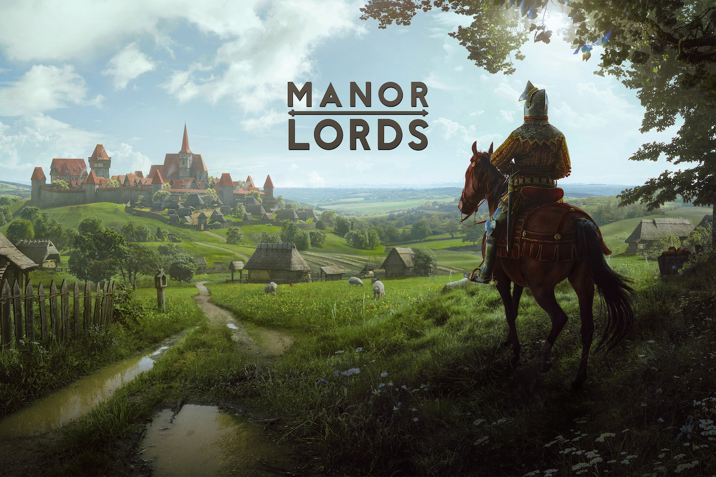 Key art of Manor Lords featuring a knight on a horse overlooking a small medieval town with the text “Manor Lords” in the center of the image.