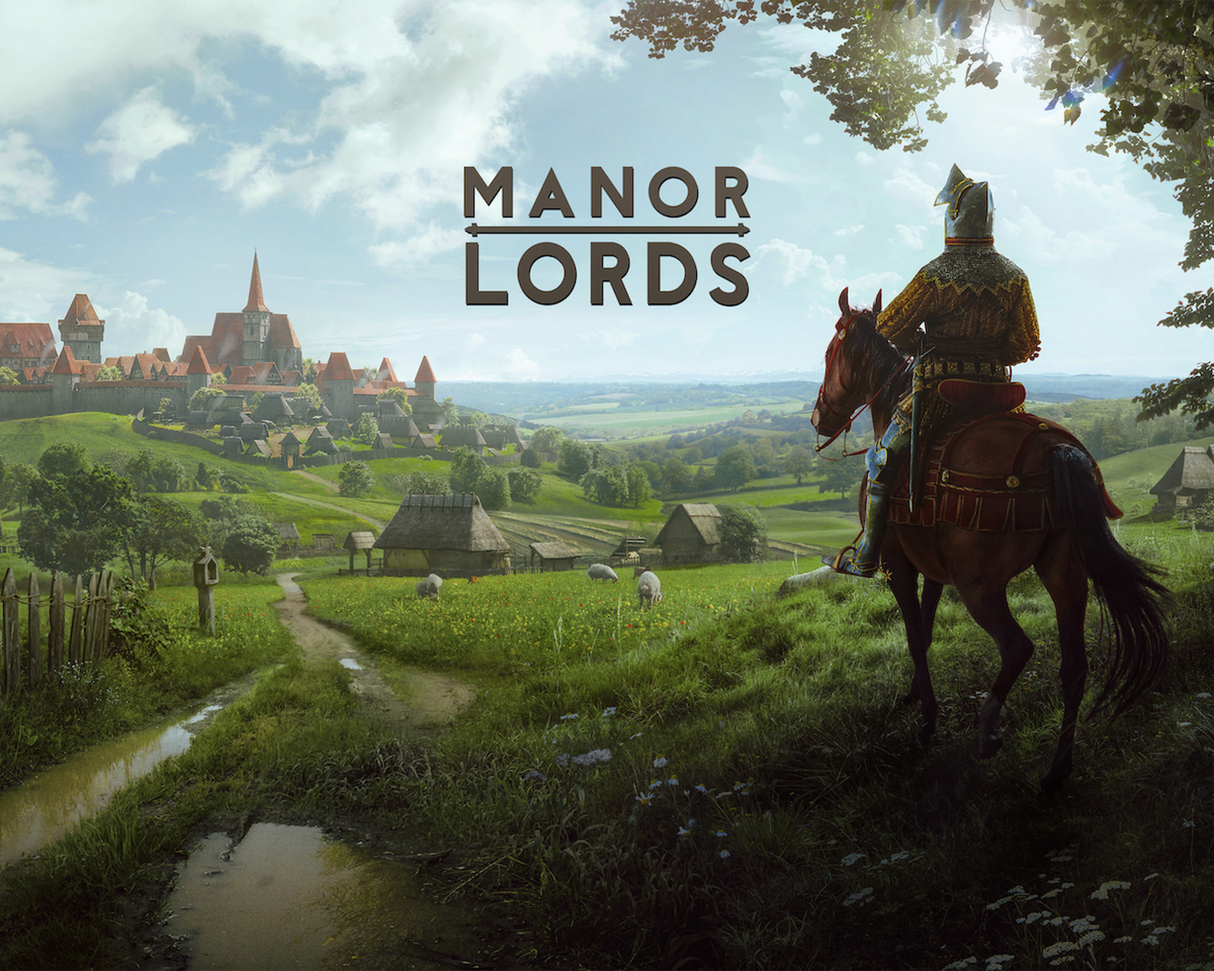 Key art of Manor Lords featuring a knight on a horse overlooking a small medieval town with the text “Manor Lords” in the center of the image.