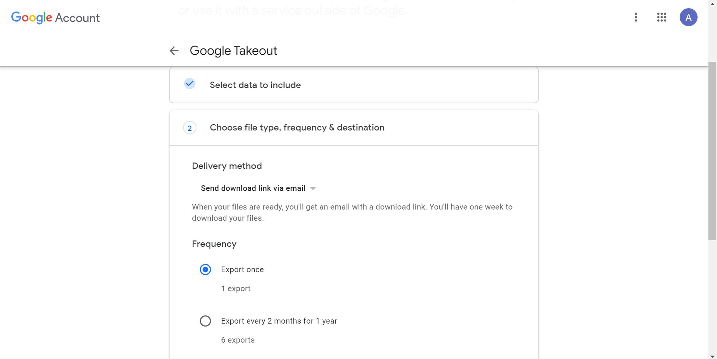 Google Takeout settings
