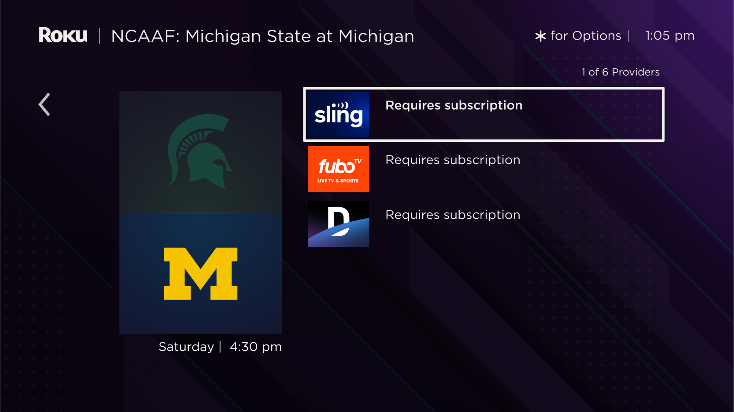Bir kolej futbolu maçını yayınlamak için farklı seçenekler gösteren Roku OS'nin ekran görüntüsü.