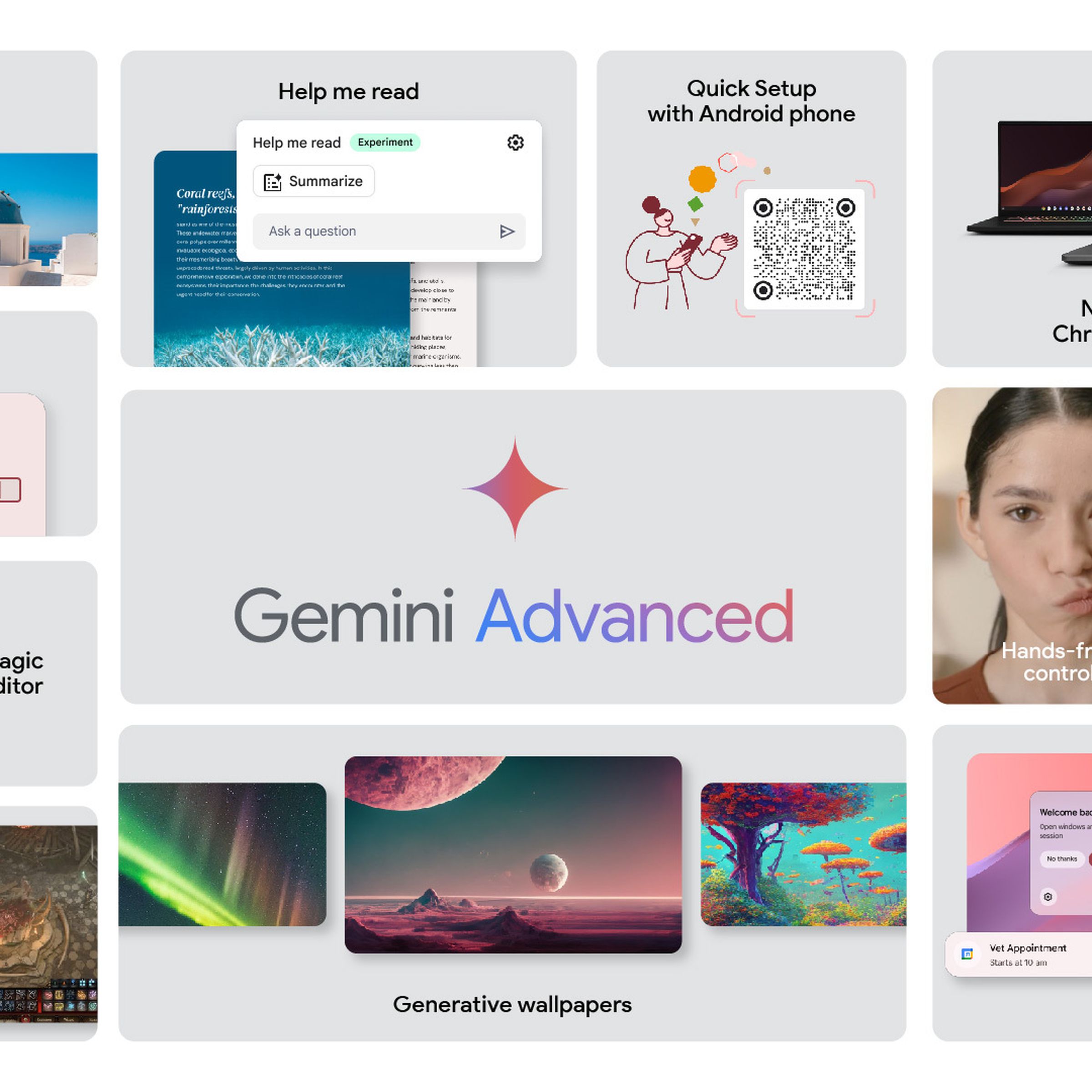 An infographic with several different boxes of information regarding Gemini on Google Chromebook Plus devices.