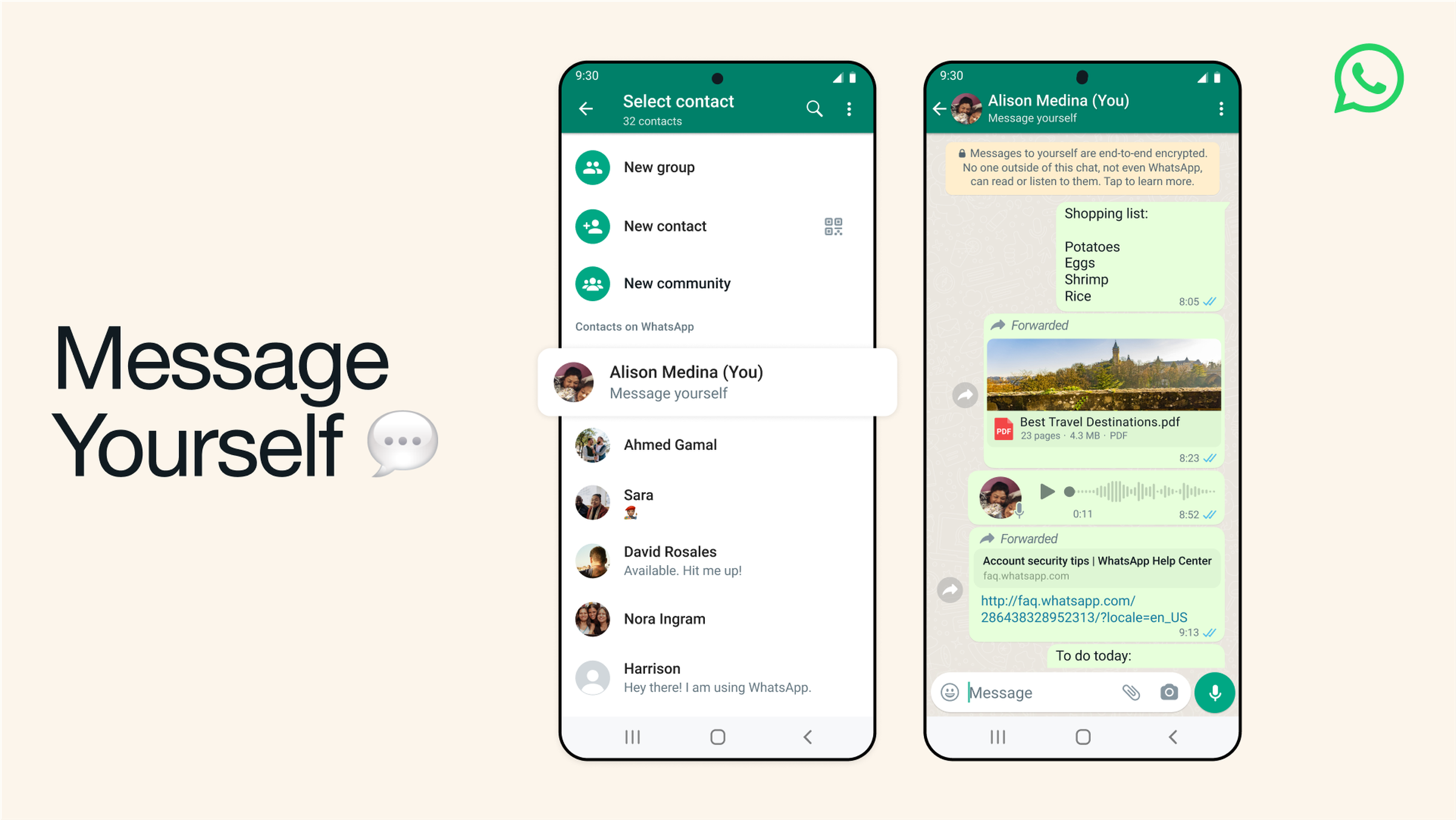 Yeni Mesaj Kendiniz özelliği ile iki WhatsApp ekranını gösteren bir ekran görüntüsü.