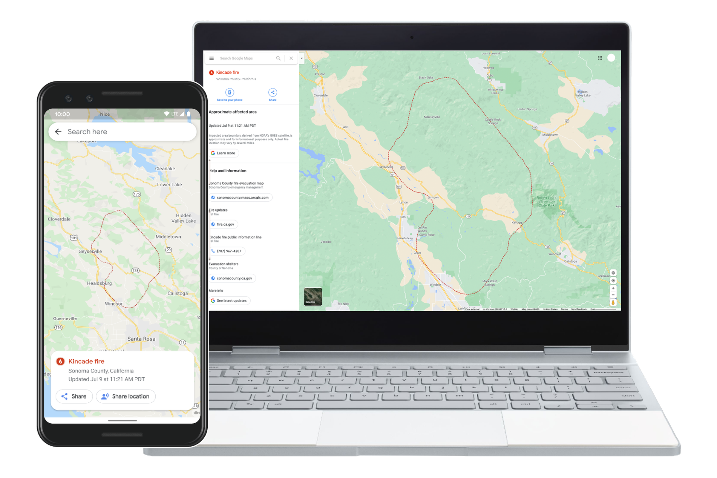Google’s new wildfire mapping feature includes wildfire boundaries, top news stories, and official updates.