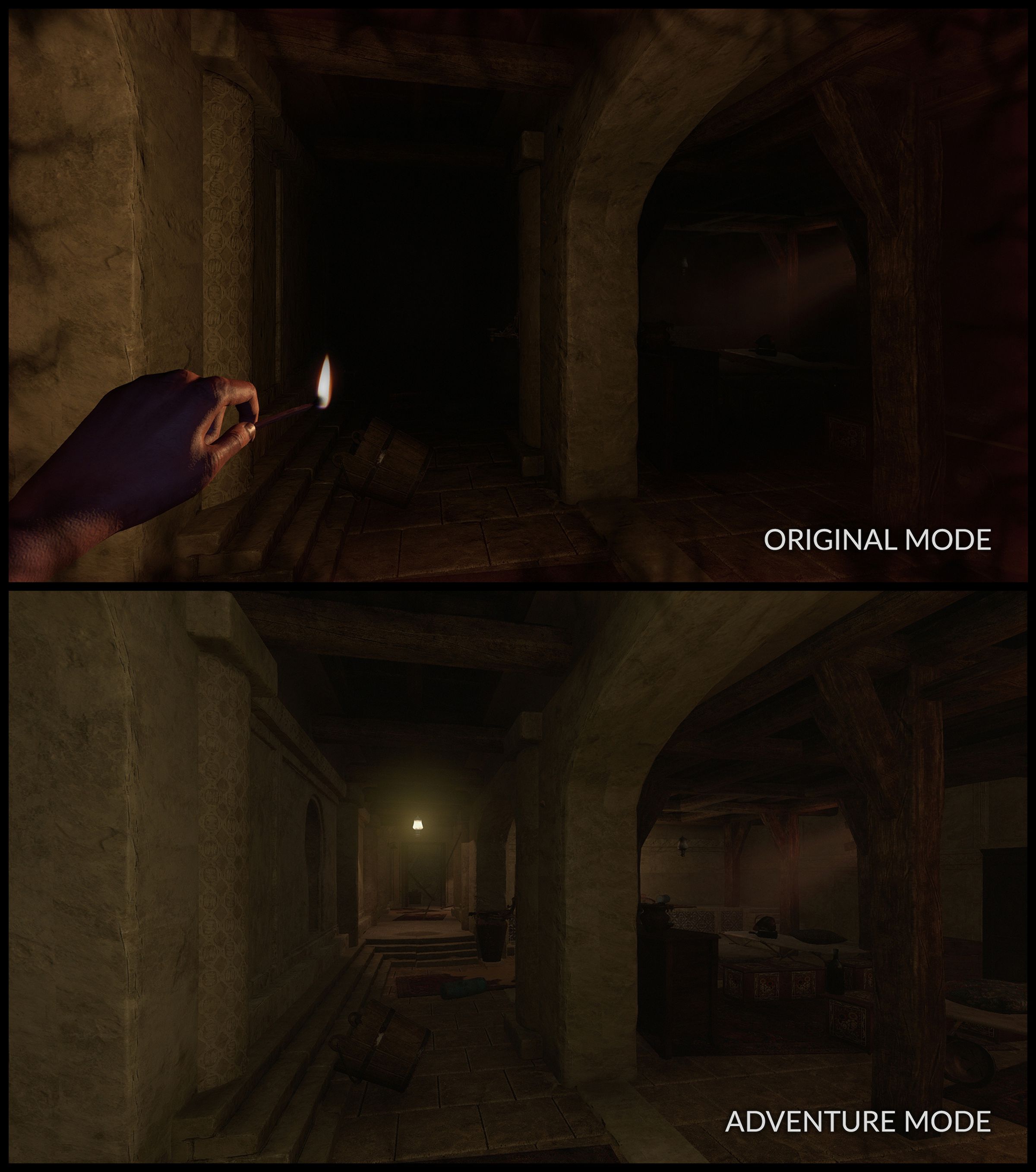 Amnesia: Rebirth Adventure mode comparison shot, showing added light to a dark level