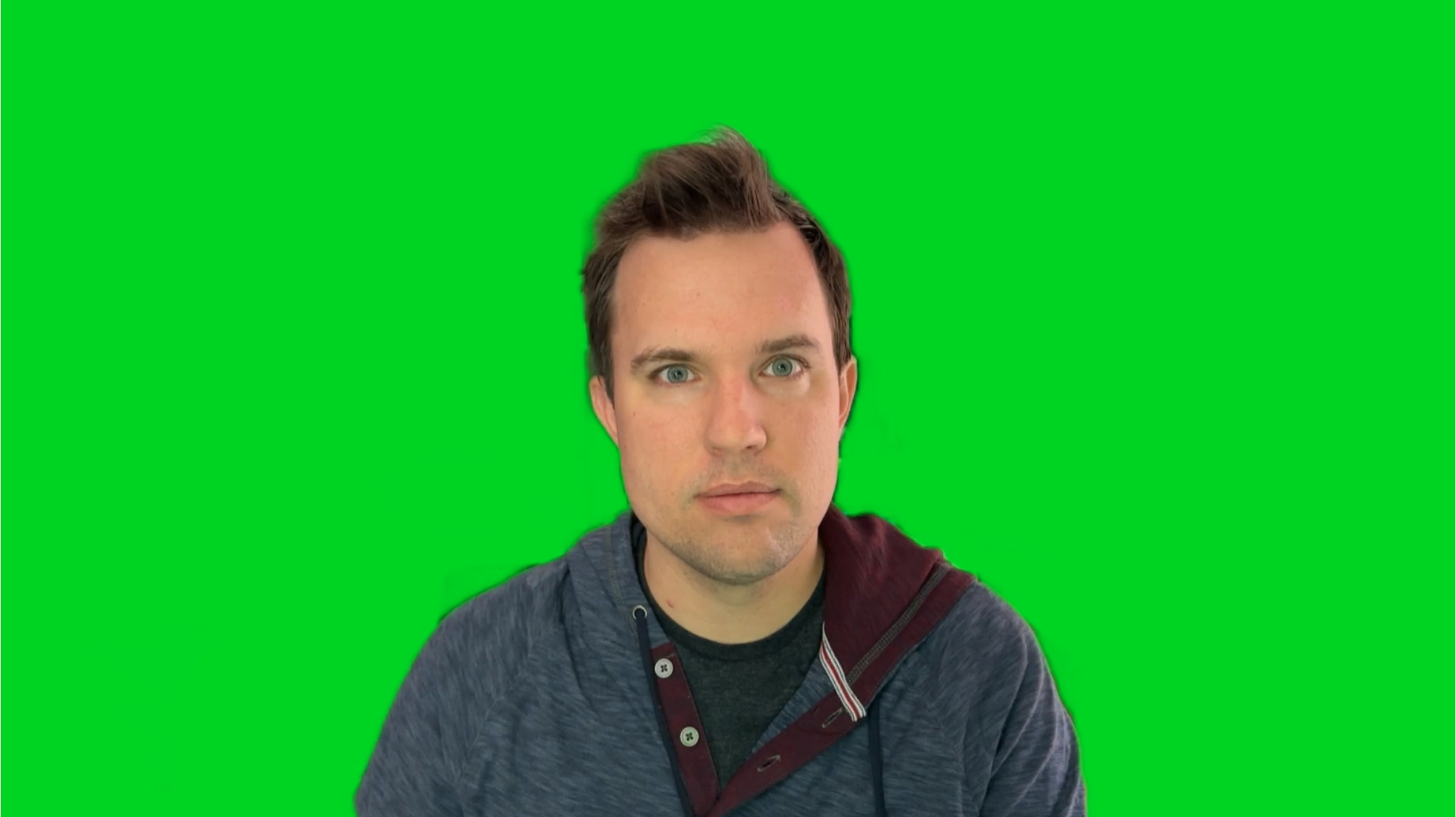 A screenshot of a man in front of a software-created green screen.