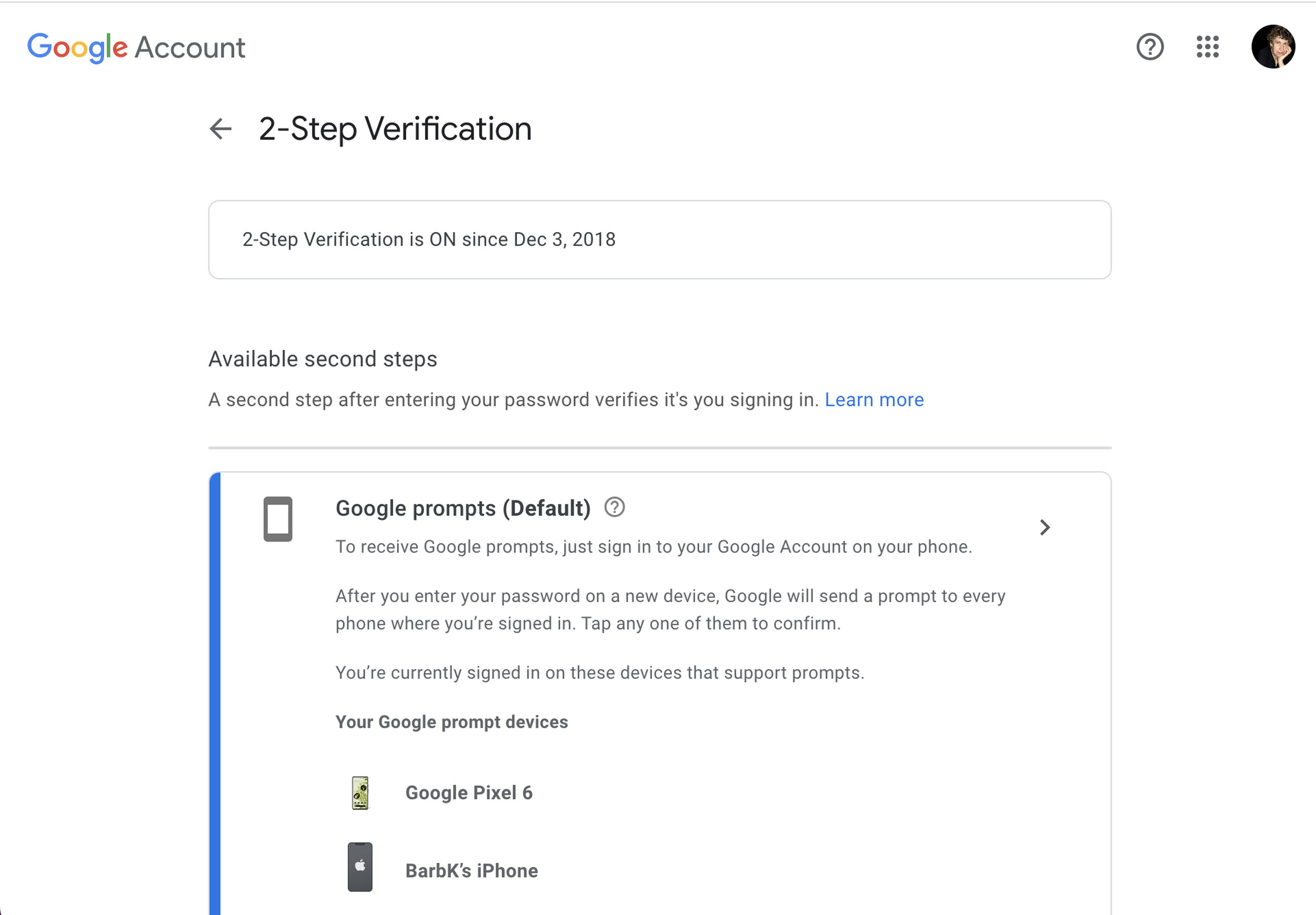Google’s 2-step verification page showing a list of different type of verification you can use.