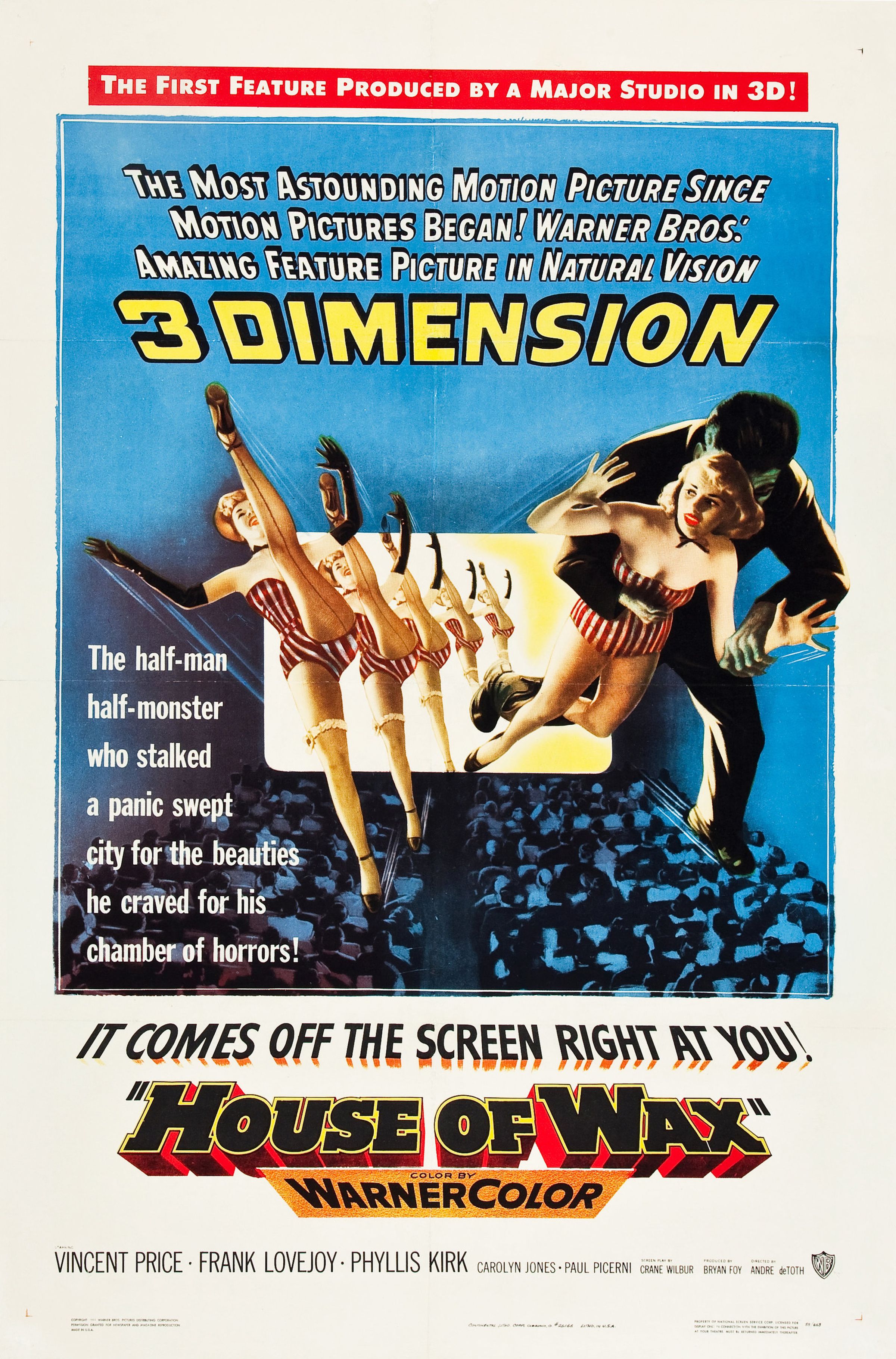 Poster for House of Wax announcing it’s in “3 Dimension” with chorus girls, one being kidnapped