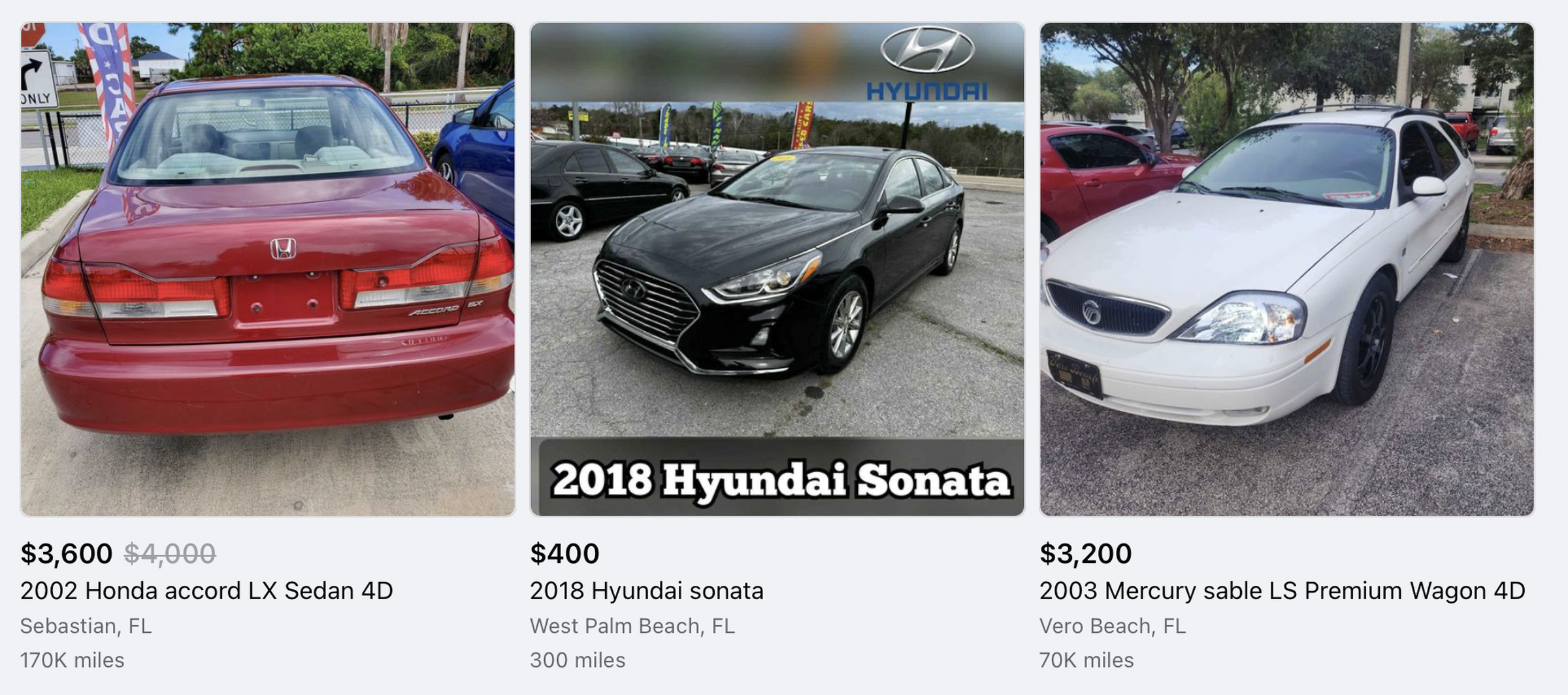 A screenshot from Facebook Marketplace showing a Hyundai Sonata for sale for $400 from a dealership