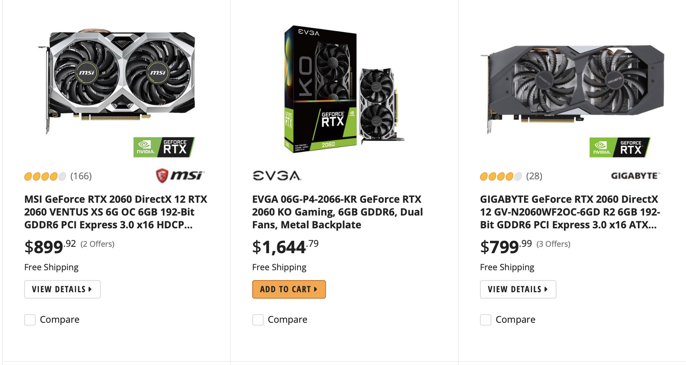 Screenshot of RTX 2060 prices, ranging from $799 to $1,644