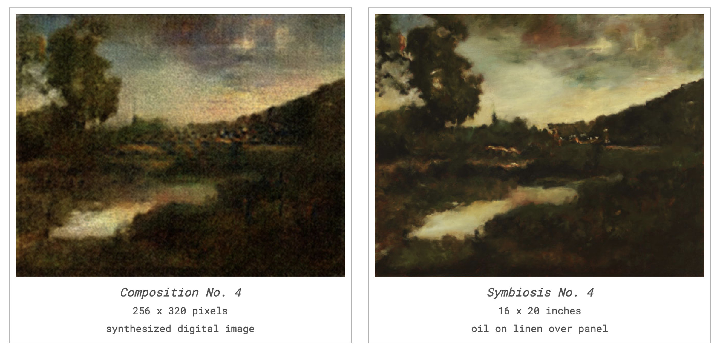 One of Peters’ GAN-generated landscapes (left) next to the painted reproduction (right).