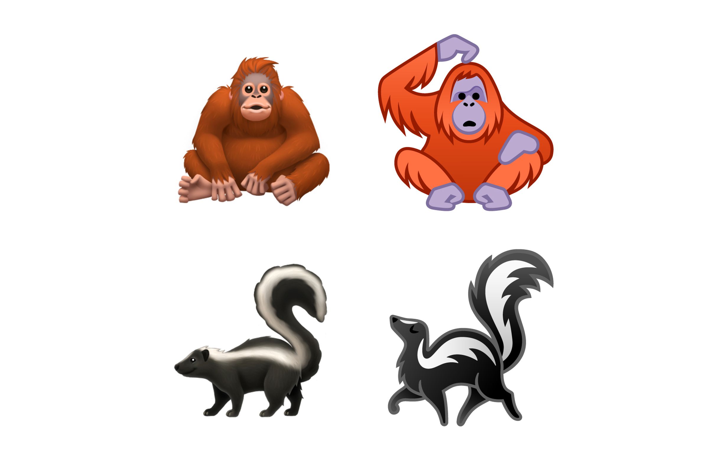 Apple’s (left) and Google’s (right) take on the orangutan and skunk have different vibes to them. 