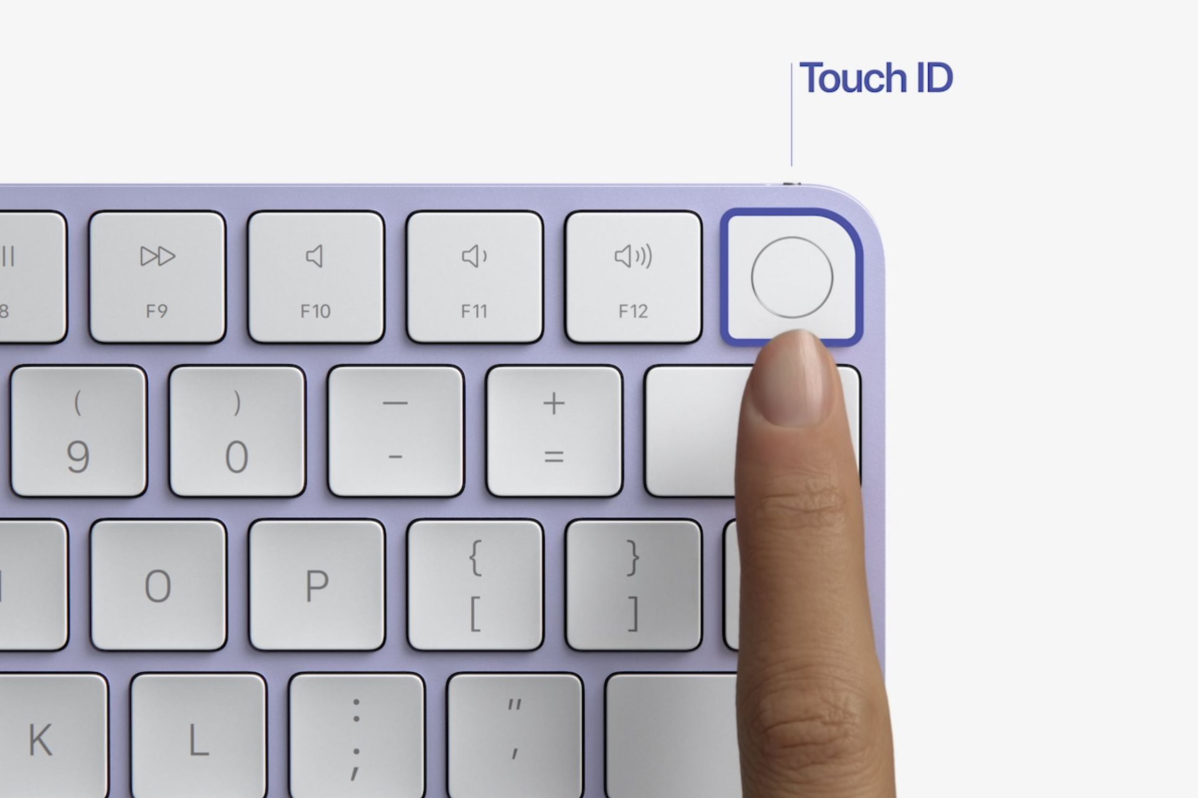 Apple’s Magic Keyboard in purple, with a Touch ID button in the top right corner.