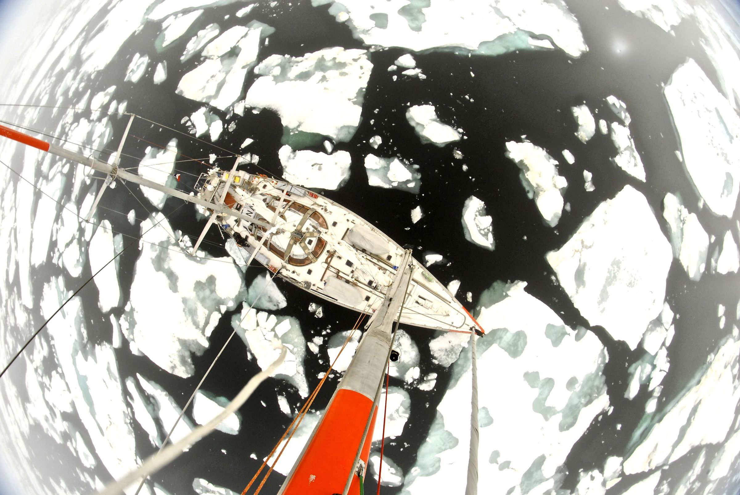 A masts-eye view of the Tara research vessel navigating through the ice. Photo by Andres Cozar					