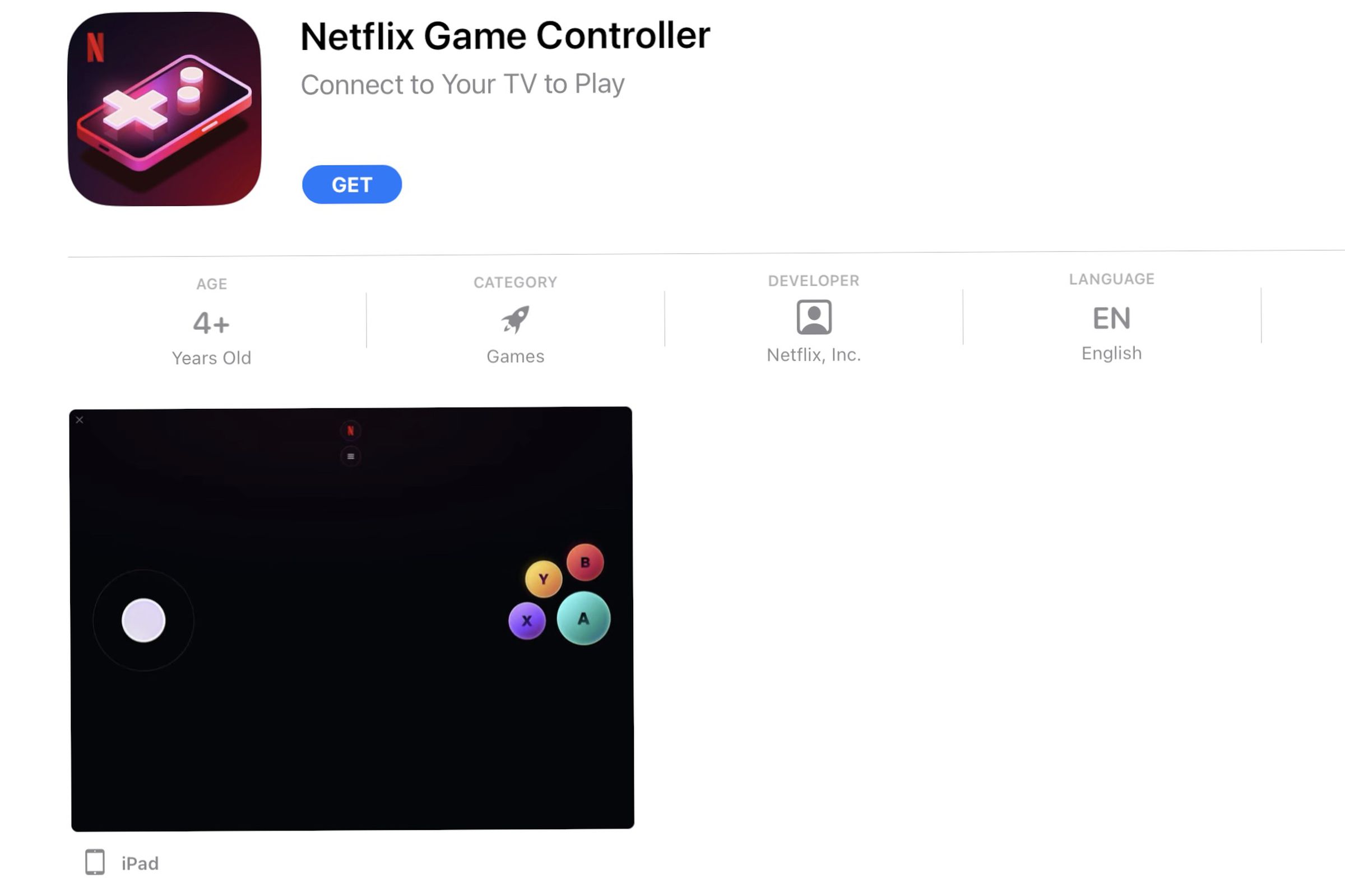 screenshot of the App Store listing of Netflix Game Controller, showing a screenshot of the app with a digital joystick and four buttons.