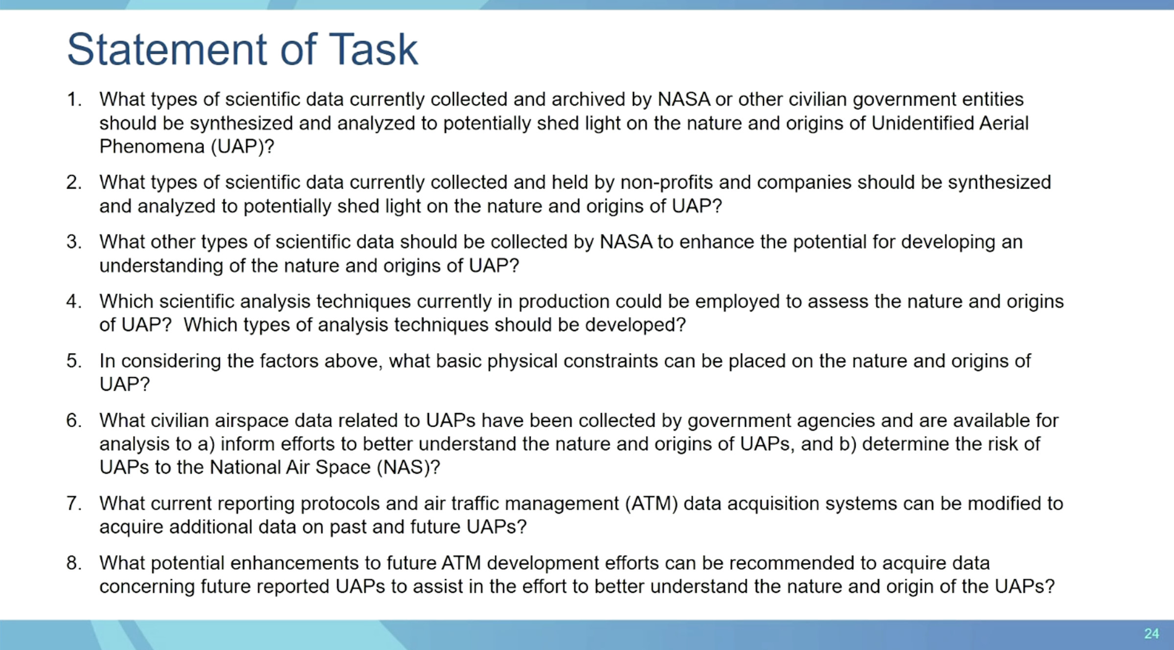 A slide noting the goals of NASA’s new UAP research team, presented by Thomas Zurbuchen.