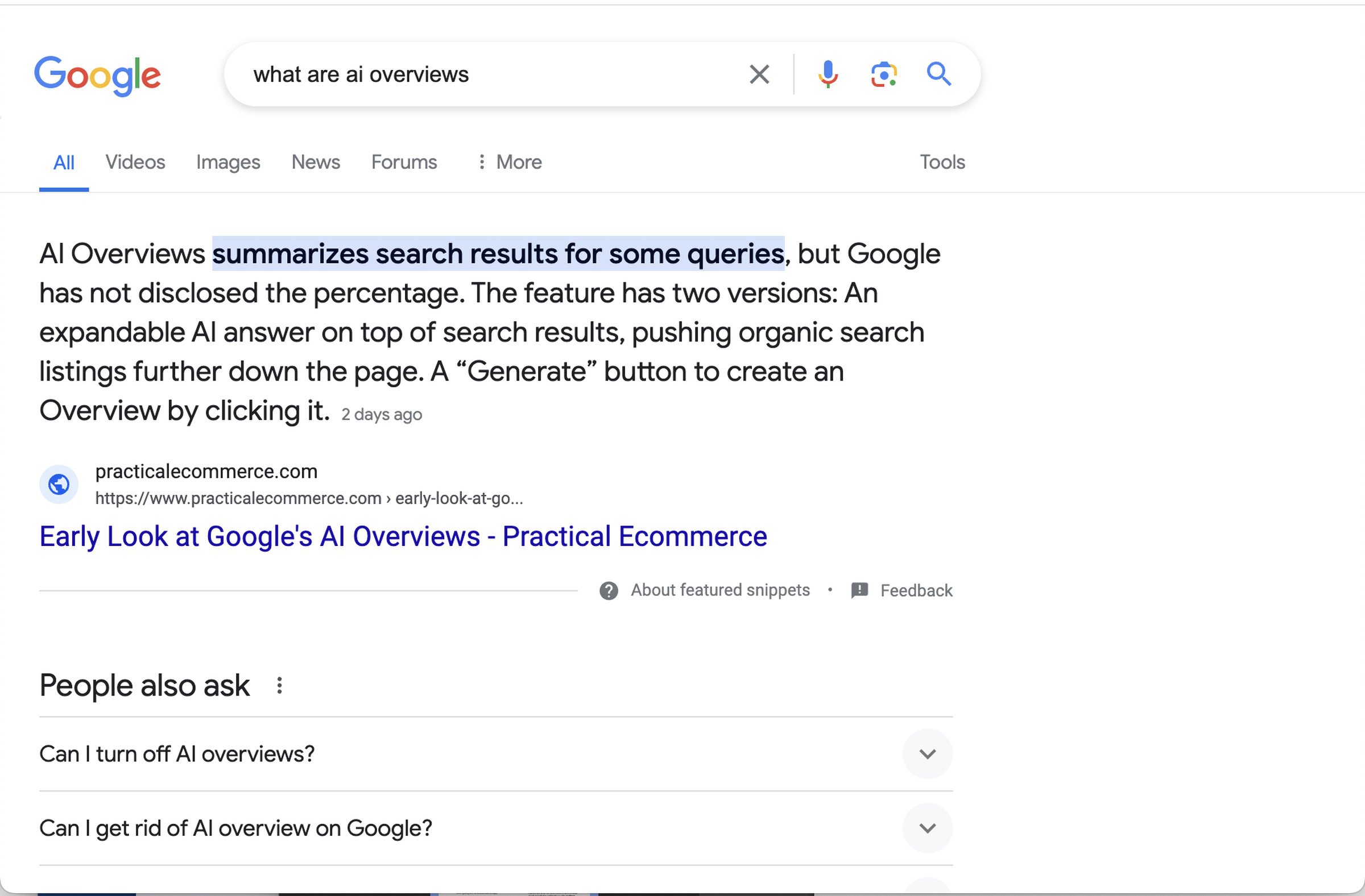 The Google search page with an AI Overview at top.