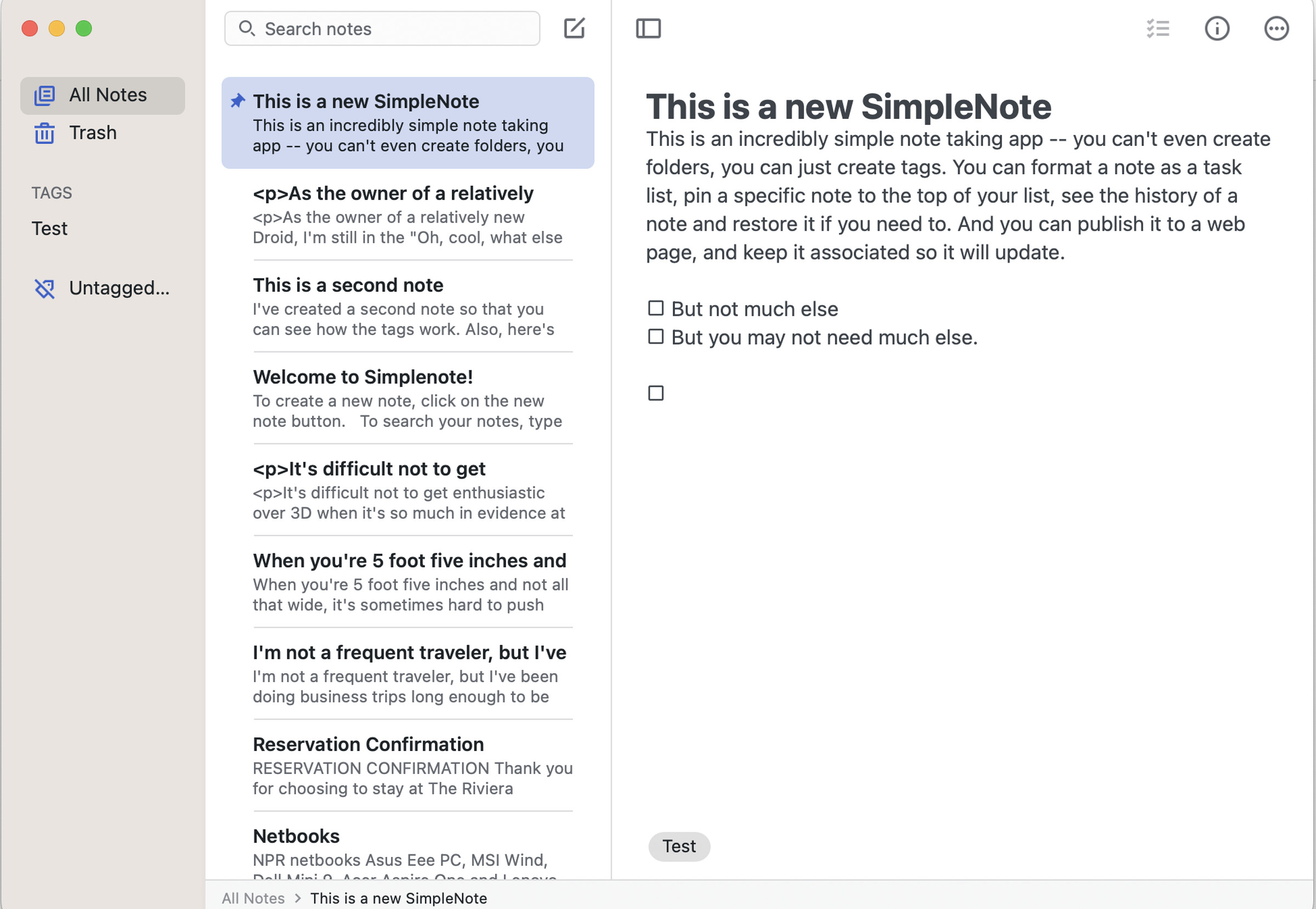 Simplenote page with categories in left-hand column, titles and first lines of notes to its right, and a note labeled “This is a new SimpleNote” on its right.