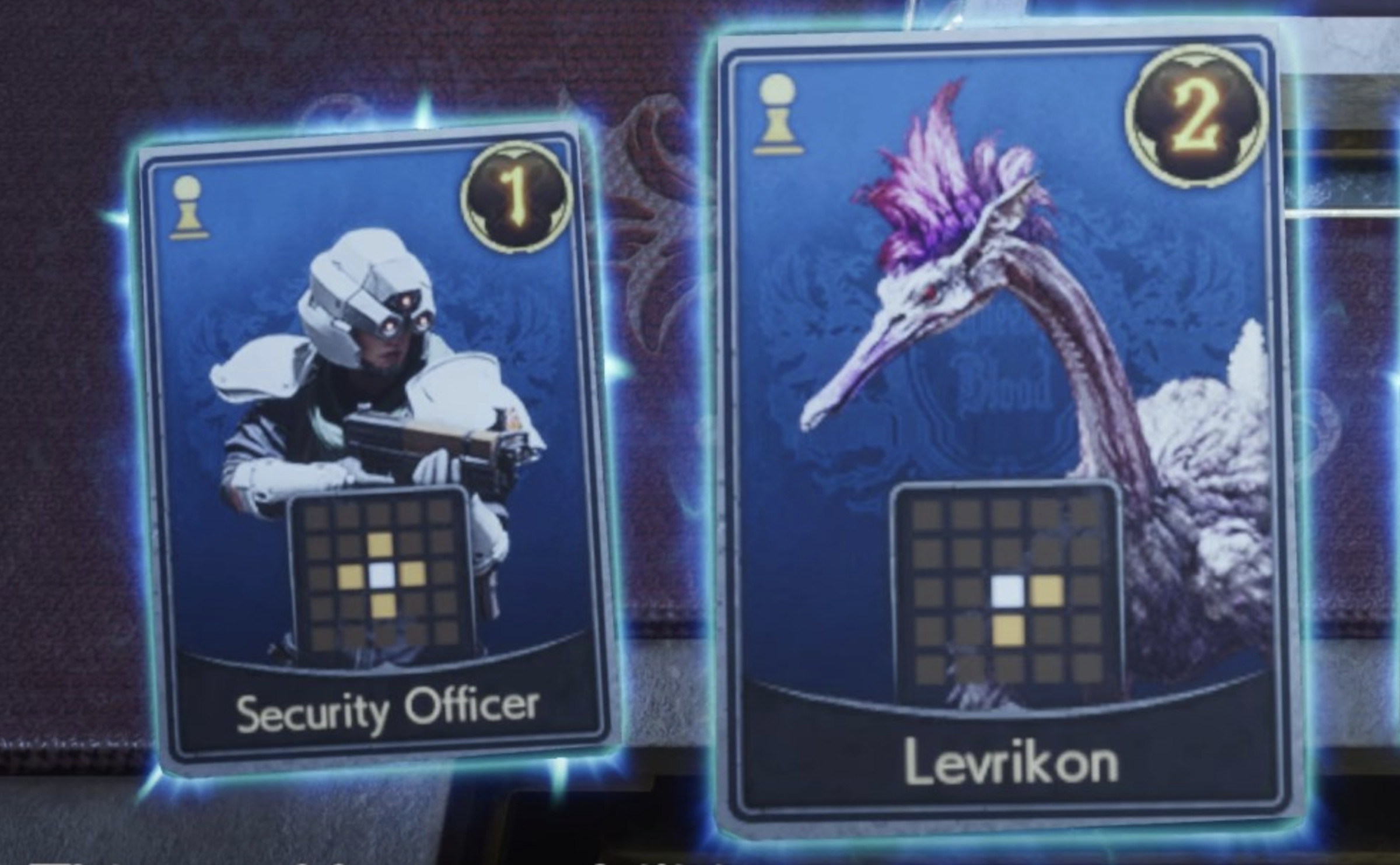 Screenshot from Final Fantasy VII Rebirth featuring two cards from the Queen’s Blood card game: the Security Officer card and the Levrikon card.